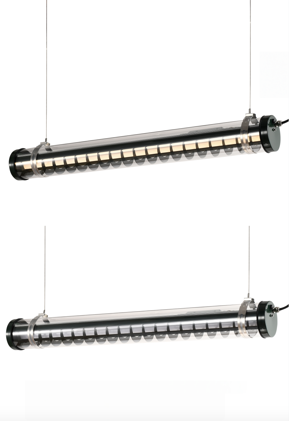 Architectural tubular light with vertical aluminum louver insert and decorative brackets, suitable for wall-mounted or suspended installation