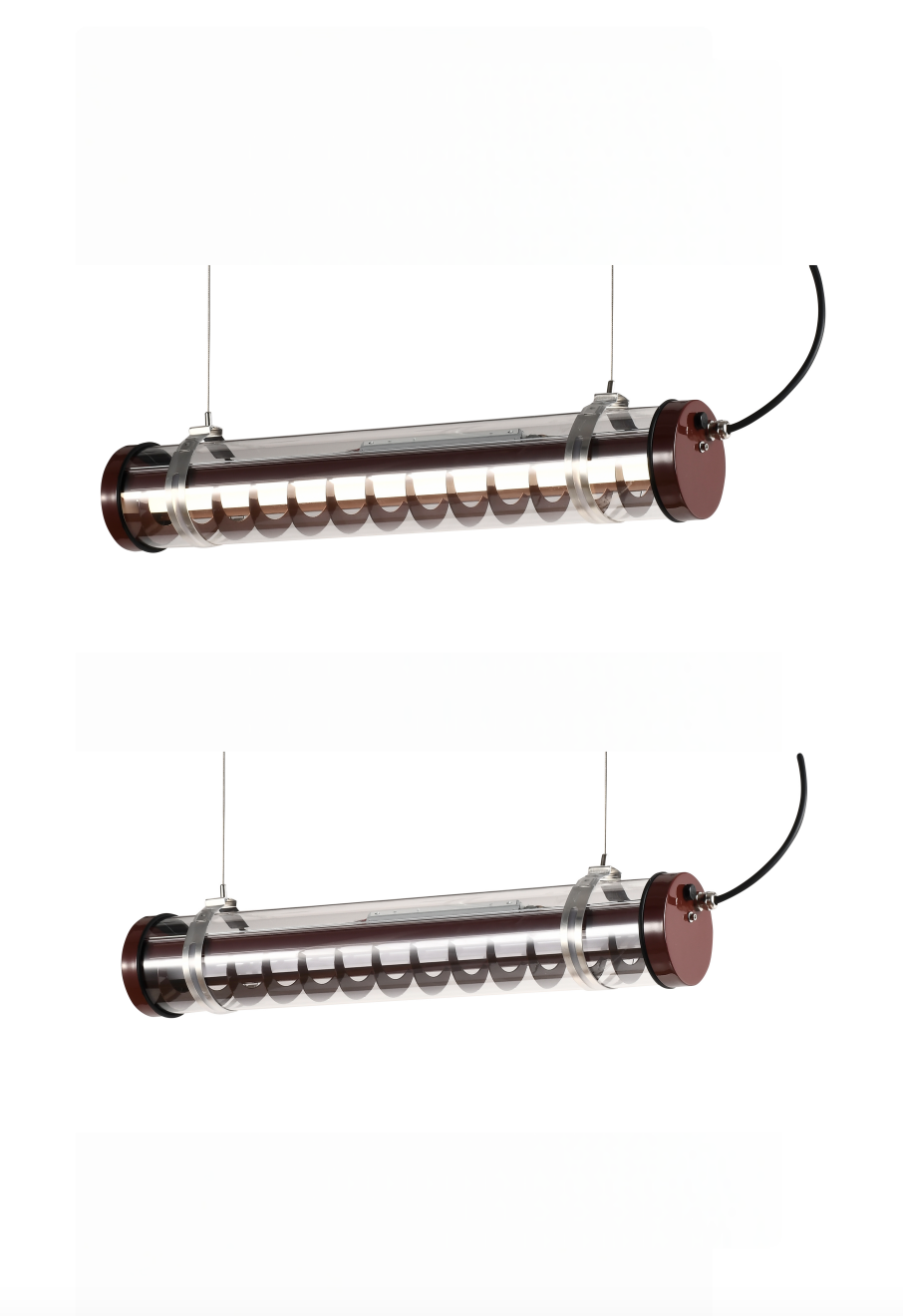 Architectural tubular light with vertical aluminum louver insert and decorative brackets, suitable for wall-mounted or suspended installation