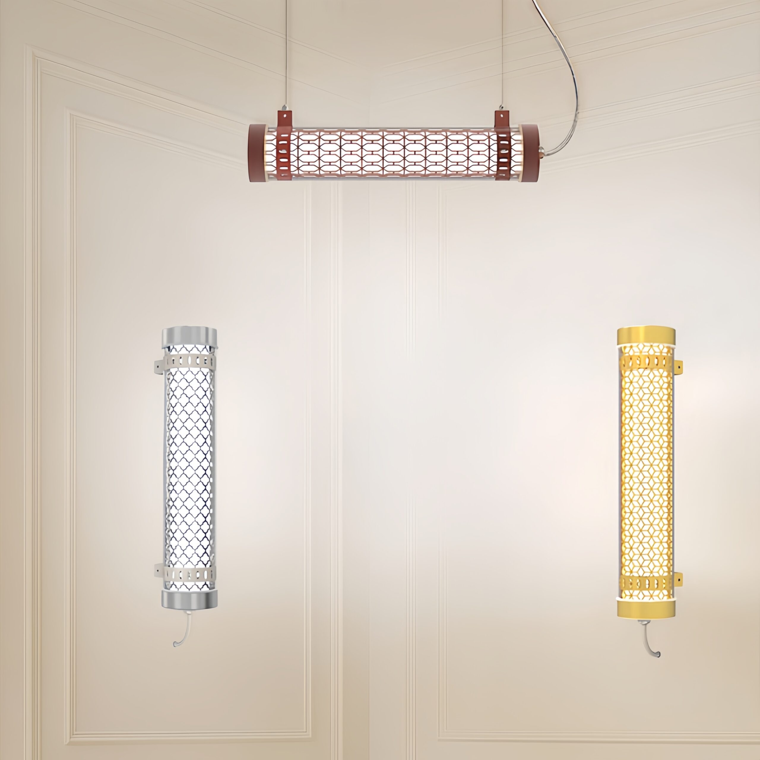 360° illumination Architectural LED tubular light with metal grille – wall-mounted and pendant versions in silver, gold and bronze
