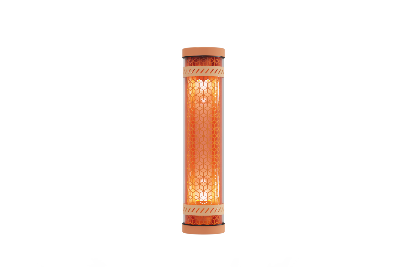 Moreau architectural tubular light with decorative orange metal casing and grille