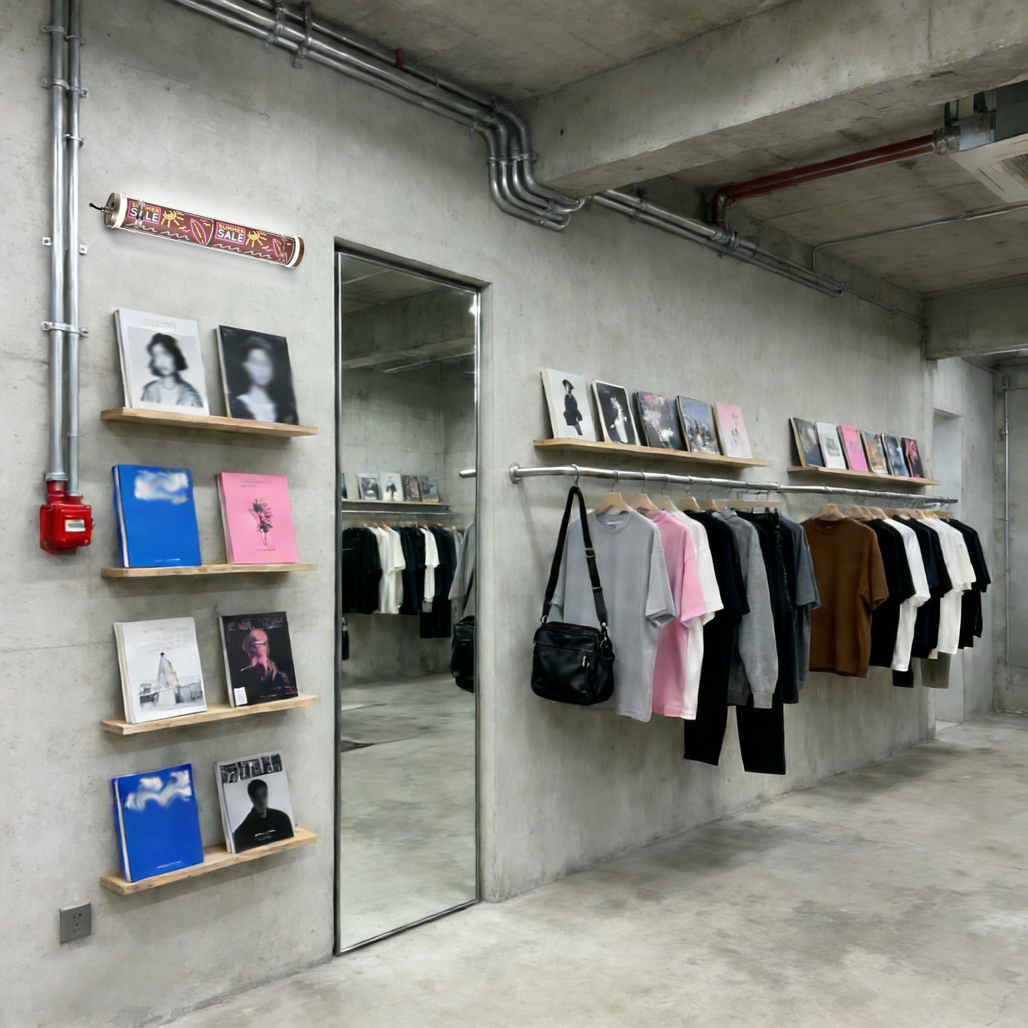 MANI Transparent tubular luminaire with custom safety graphics by sticker or UV printing