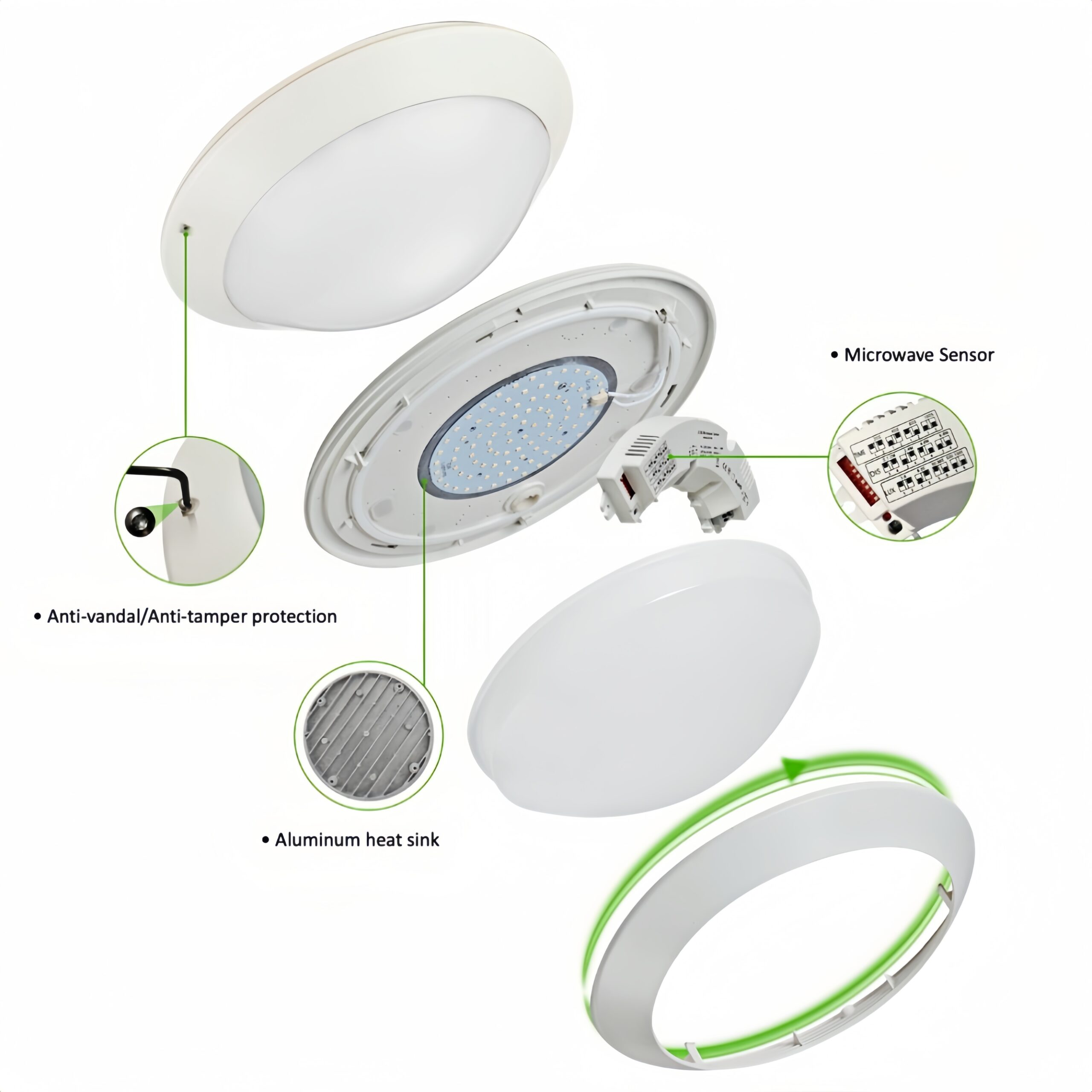 MC-802 LED bulkhead light exploded view showing anti-vandal structure, aluminum heat sink and integrated microwave sensor driver