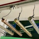 IP65 IK10 Suspended architectural tubular LED luminaires with different optics and finishes displayed in a lighting showroom