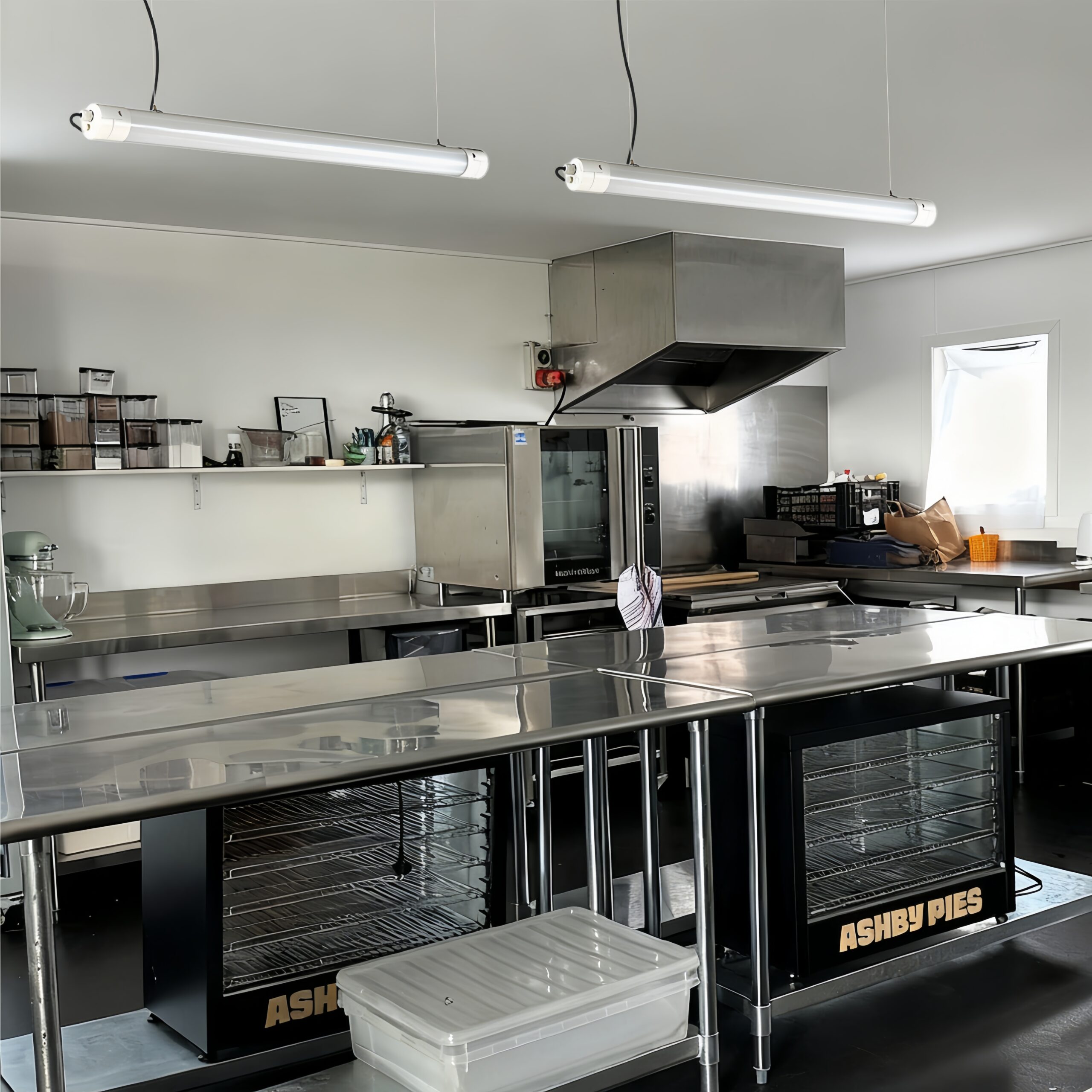 MANI Commercial tubular luminaire with center-mounted aluminum suspension bracket for direct cable hanging