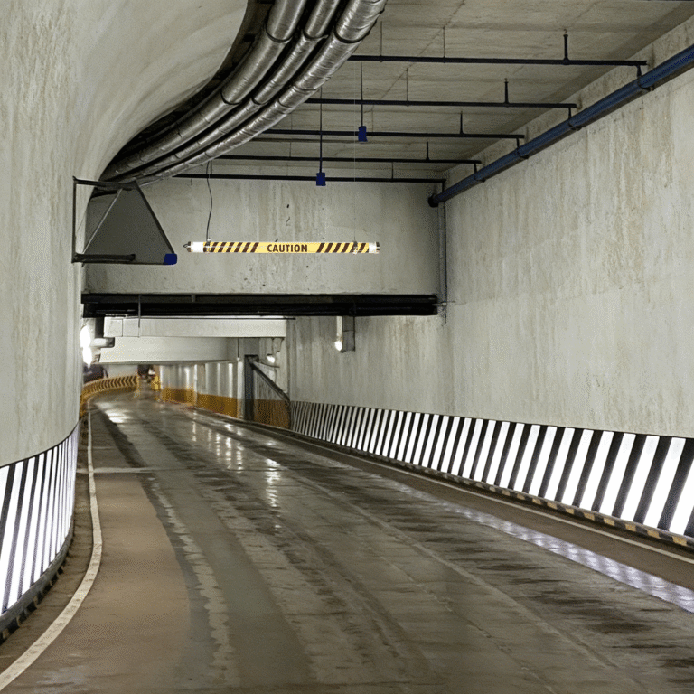 Tri-proof tubular luminaire with integrated caution marking for underground infrastructure