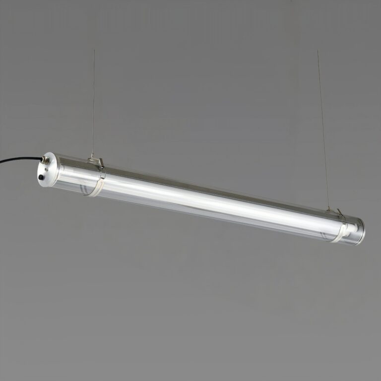 MANI Commercial tubular luminaire featuring an internal replaceable T8 LED tube, suitable for suspension or surface mounting