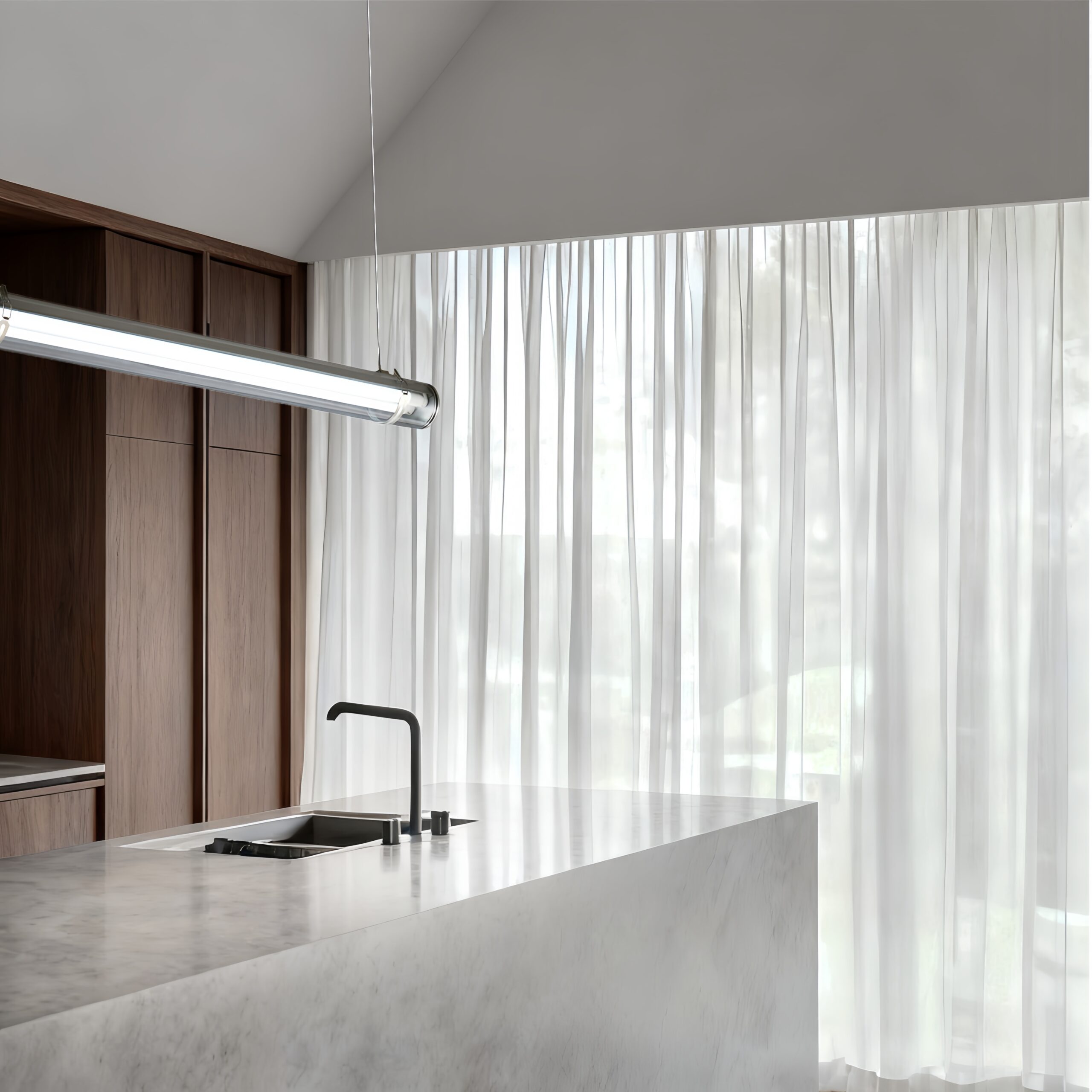 MANI Commercial tubular luminaire featuring an internal replaceable T8 LED tube, suitable for suspension or surface mounting