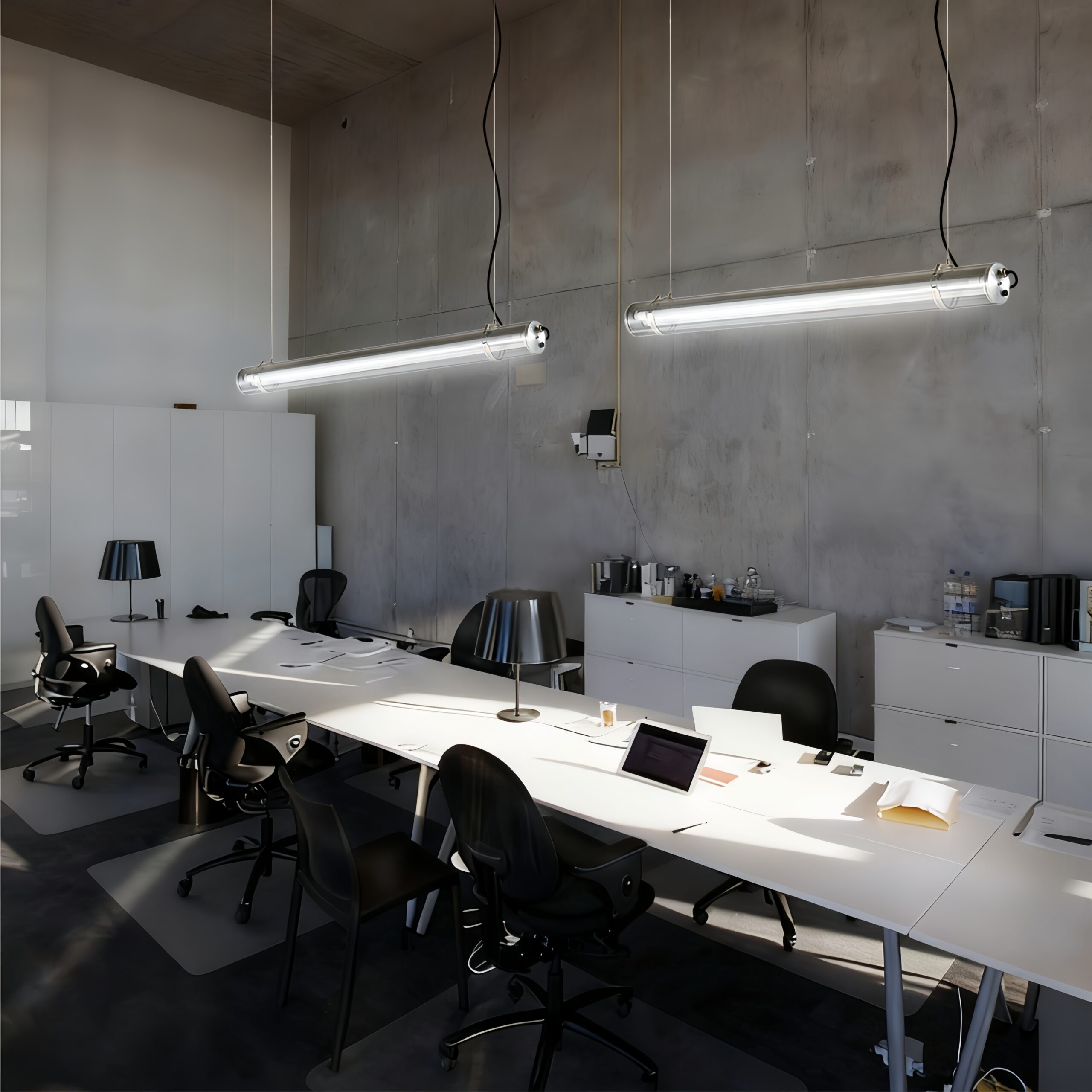 MANI Commercial tubular luminaire featuring an internal replaceable T8 LED tube, suitable for suspension or surface mounting