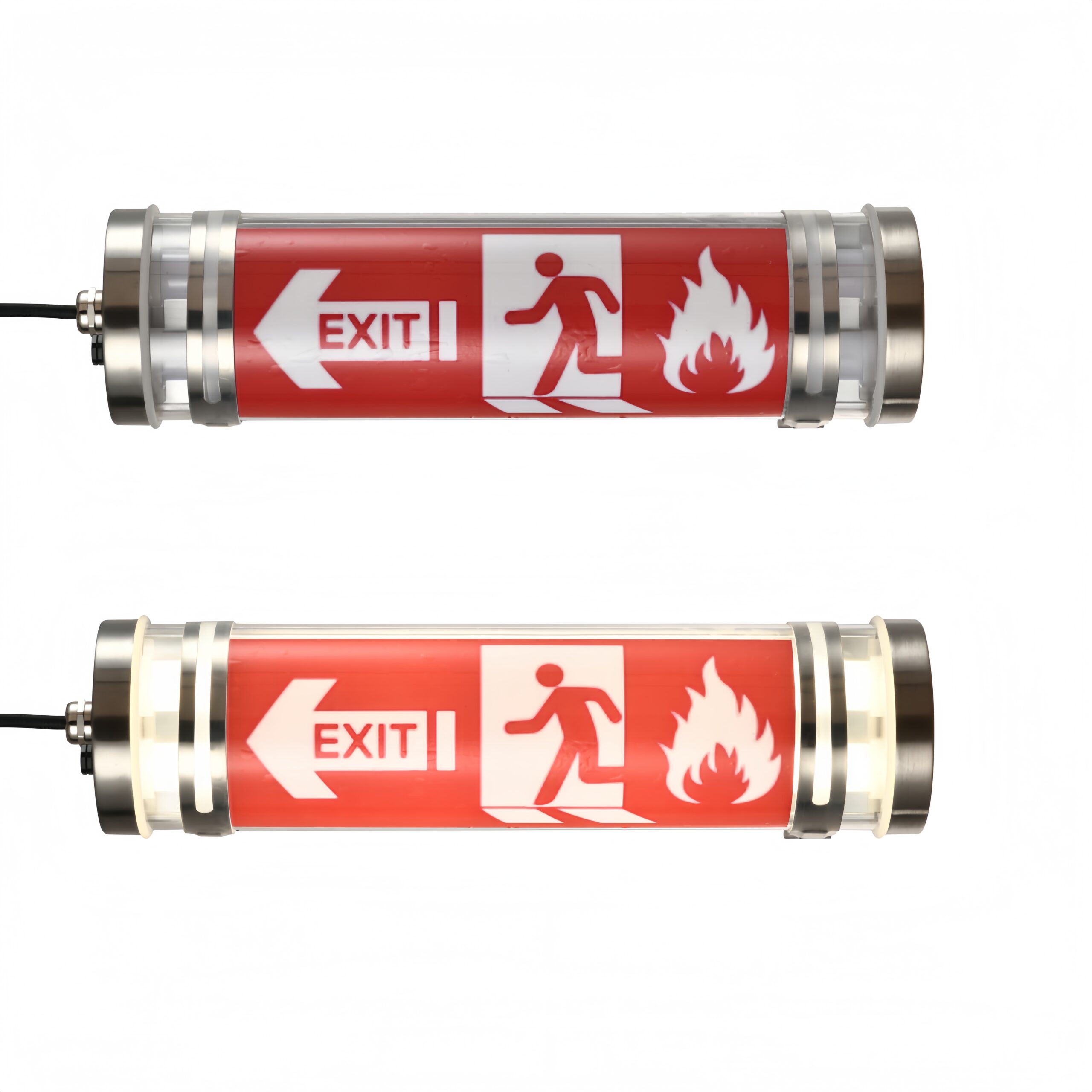 MANI Transparent tubular luminaire with custom safety graphics by sticker or UV printing