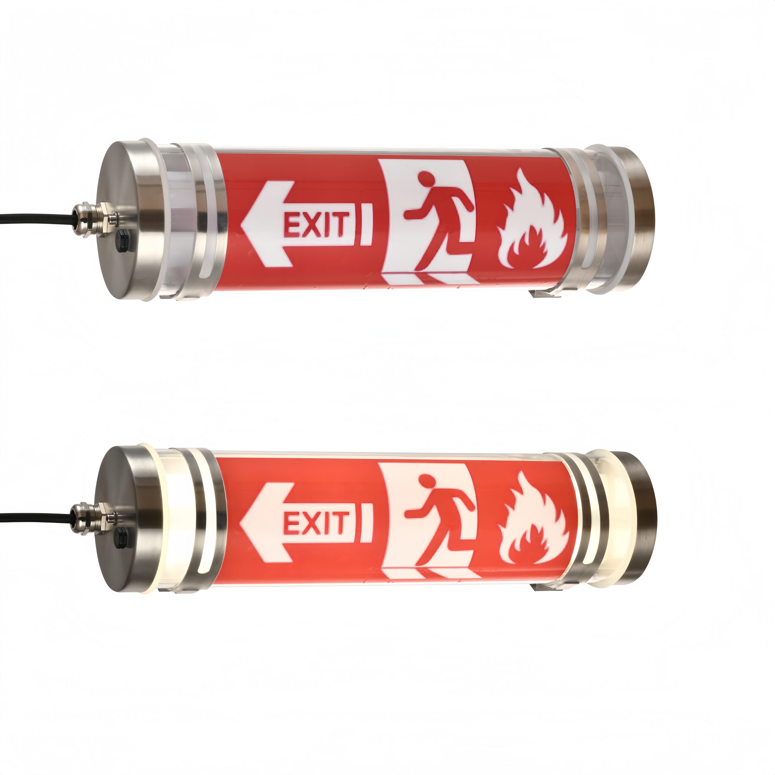 MANI Transparent tubular luminaire with custom safety graphics by sticker or UV printing