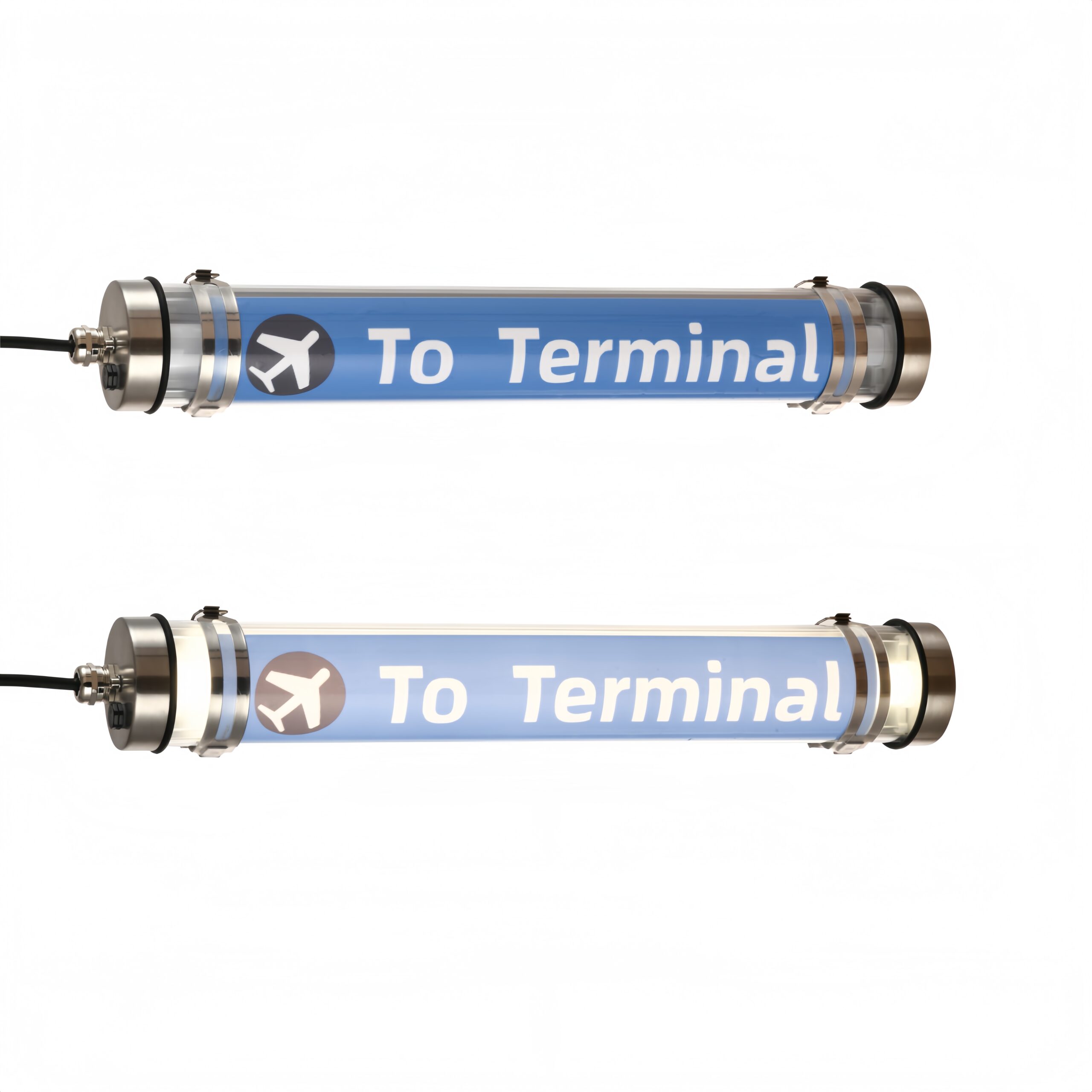 MANI Transparent tubular luminaire with custom safety graphics by sticker or UV printing