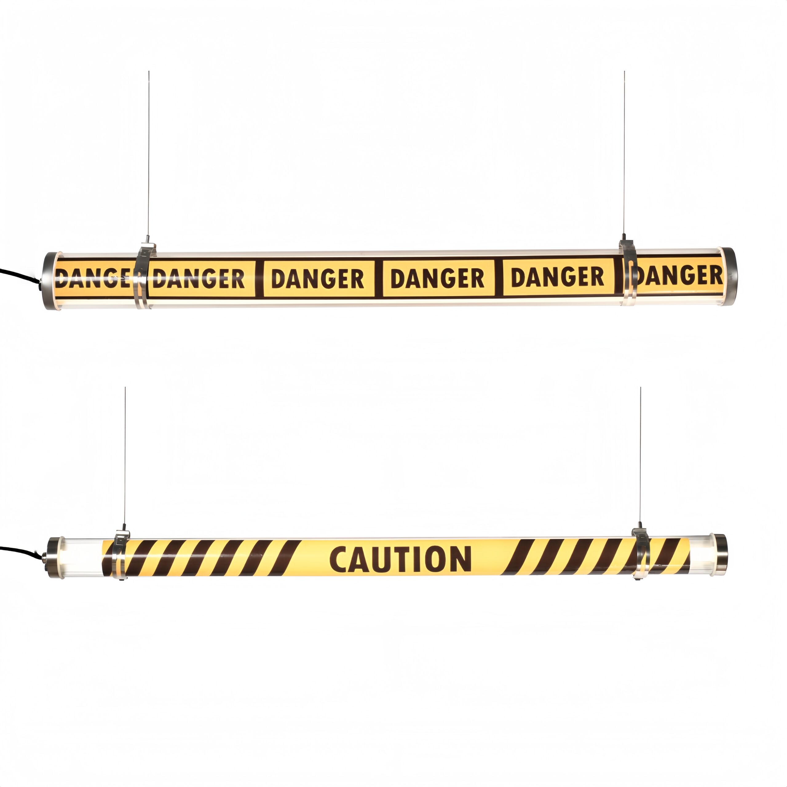MANI Transparent tubular luminaire with custom safety graphics by sticker or UV printing