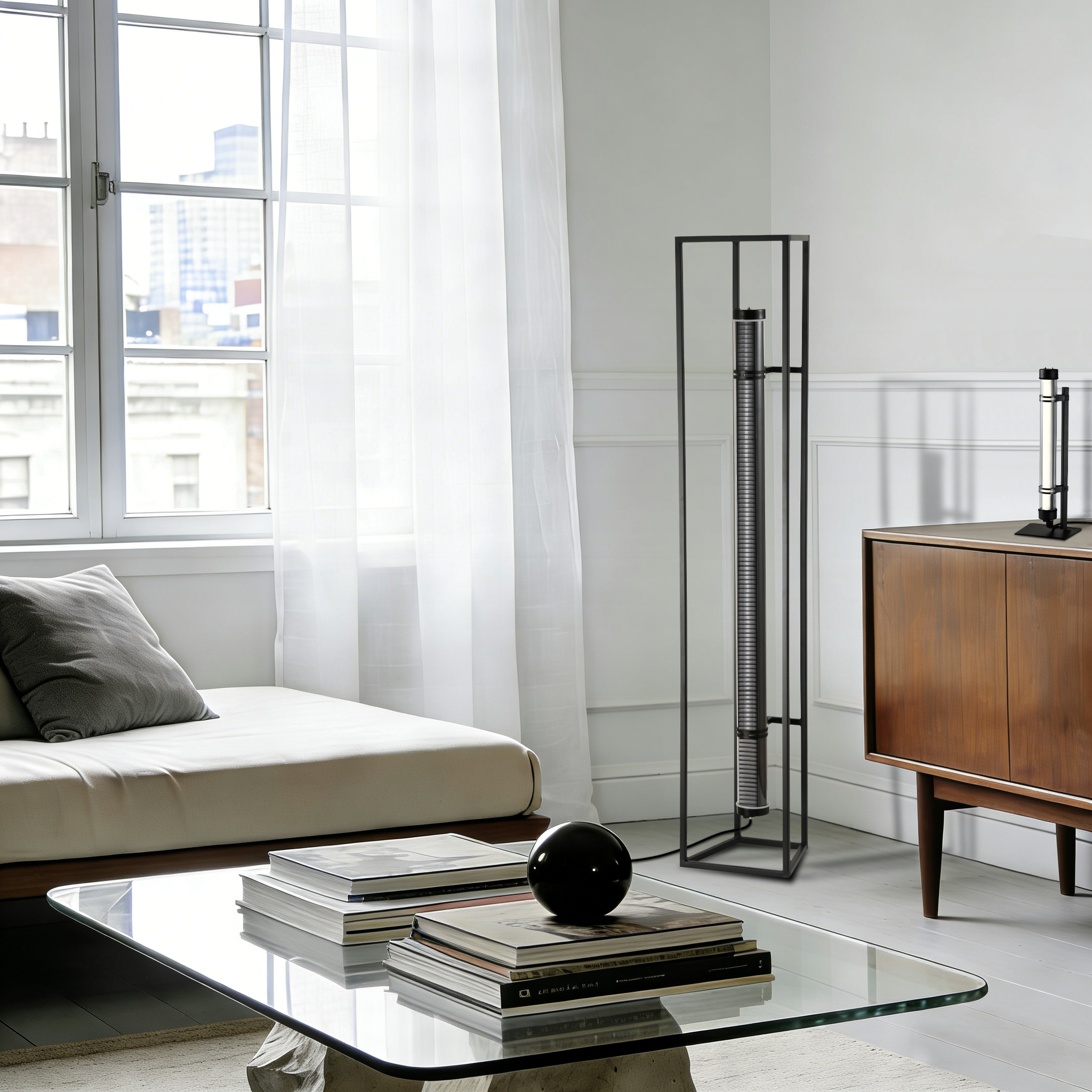 MANI designer floor lamp and table lamp with tubular light and minimalist trapezoidal structure