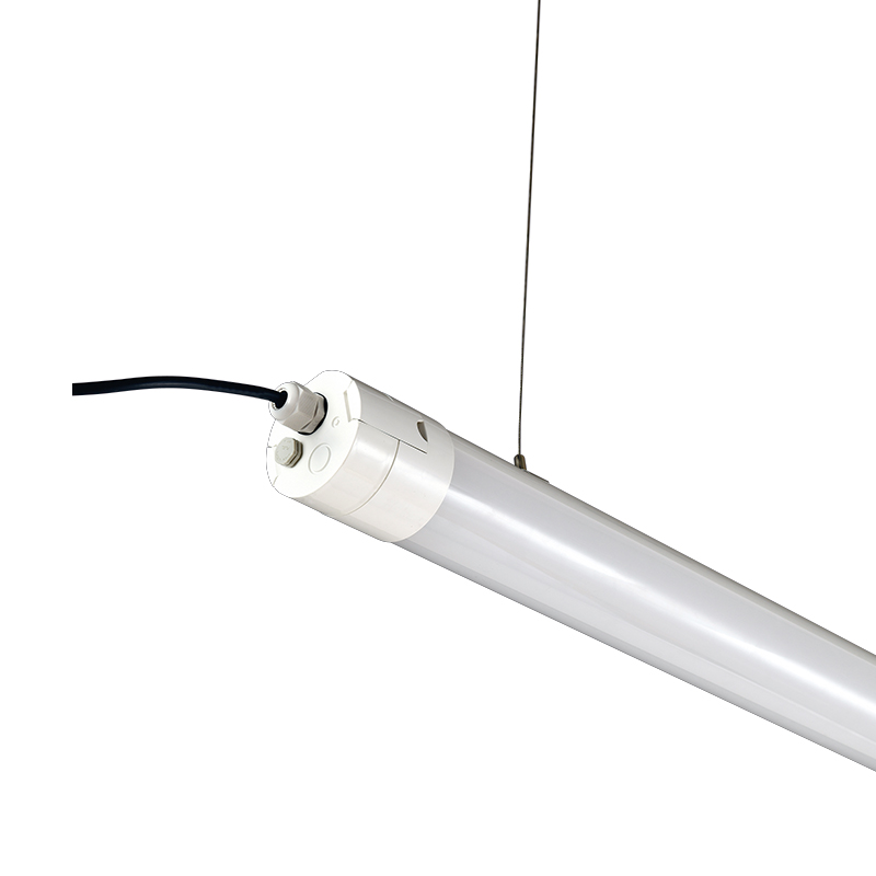 Commercial tubular luminaire with center-mounted aluminum suspension bracket for direct cable hanging