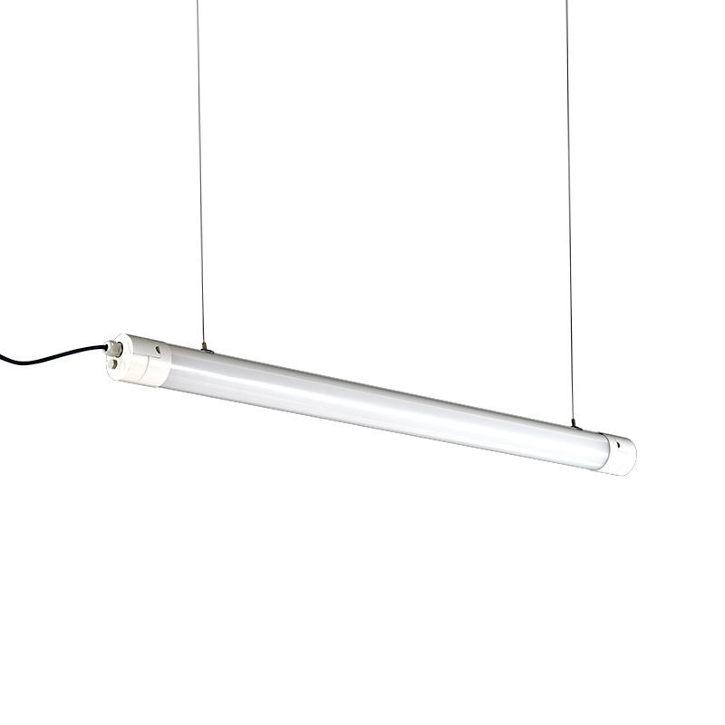 Commercial tubular luminaire with center-mounted aluminum suspension bracket for direct cable hanging