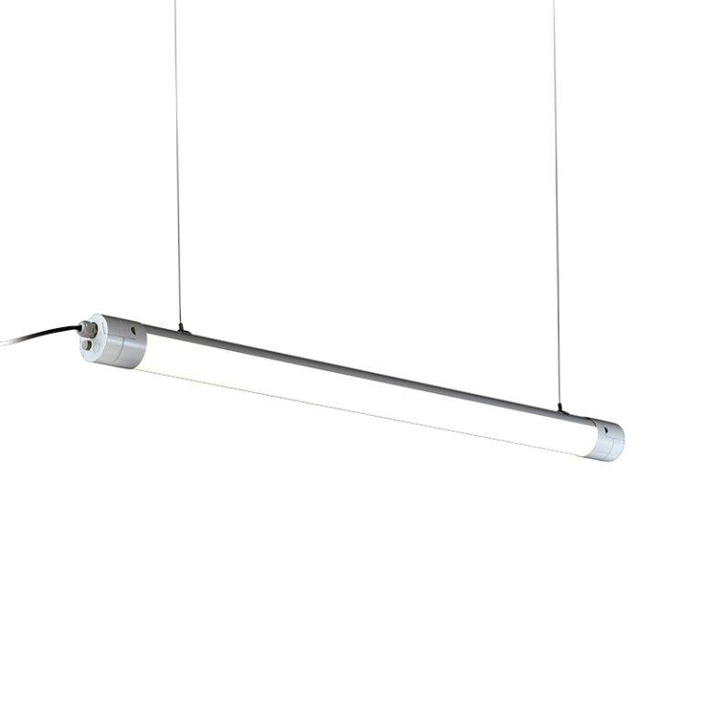 Commercial tubular luminaire with center-mounted aluminum suspension bracket for direct cable hanging