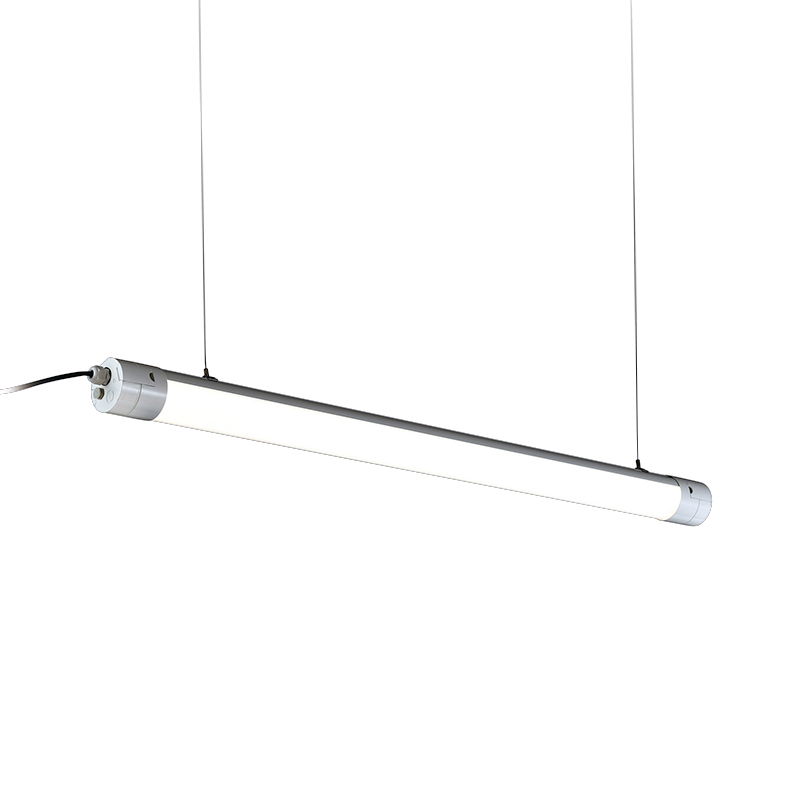 Commercial tubular luminaire with center-mounted aluminum suspension bracket for direct cable hanging