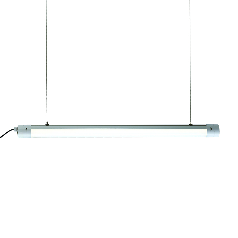 Commercial tubular luminaire with center-mounted aluminum suspension bracket for direct cable hanging