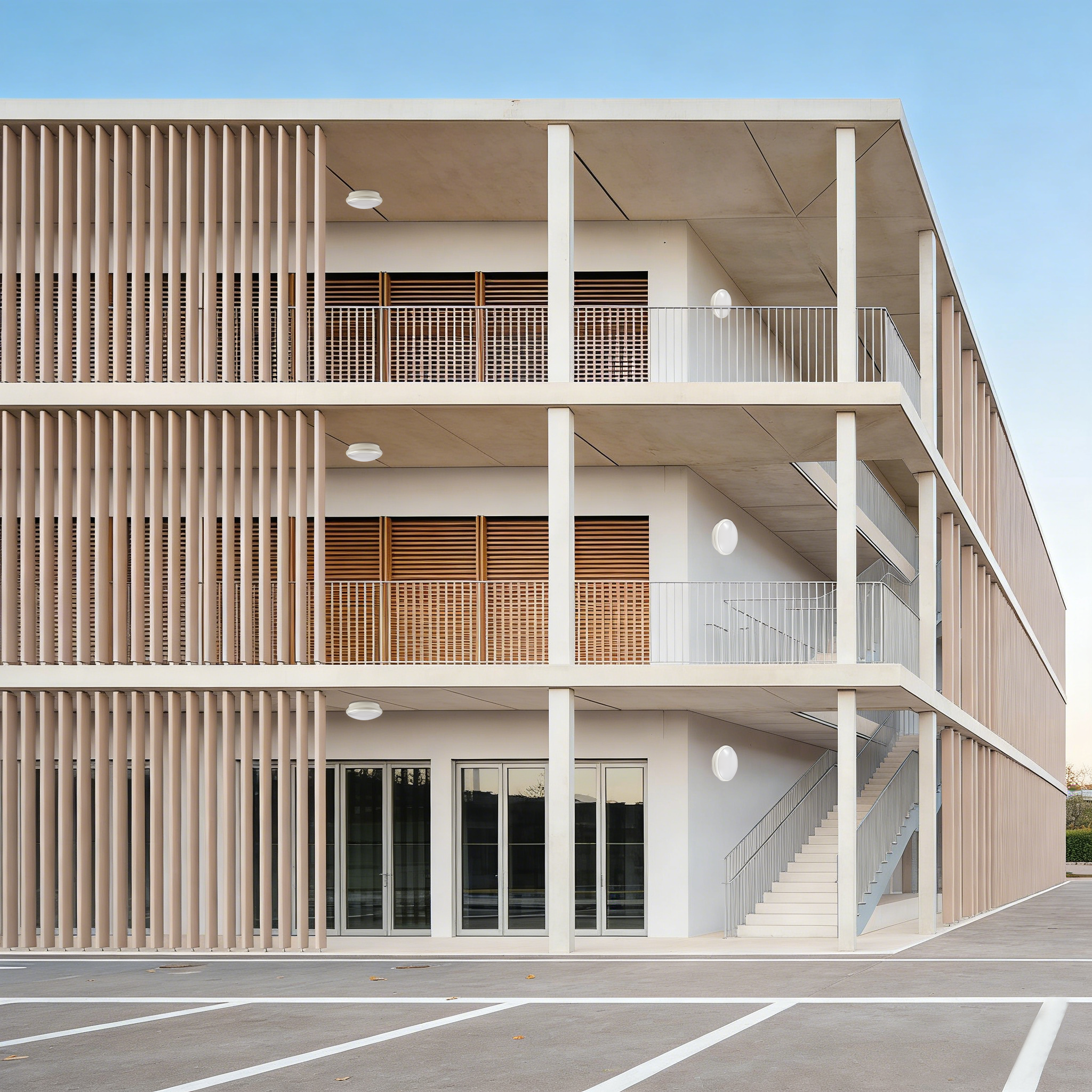LED ceiling lights installed in multi-storey stairwell, providing uniform and glare-controlled lighting for residential and public buildings