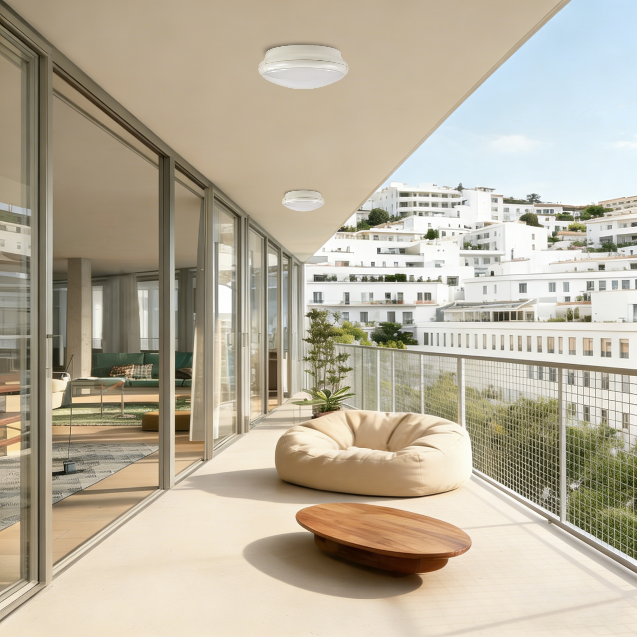 LED ceiling lights installed in balcony providing uniform and glare-controlled lighting for residential and public buildings