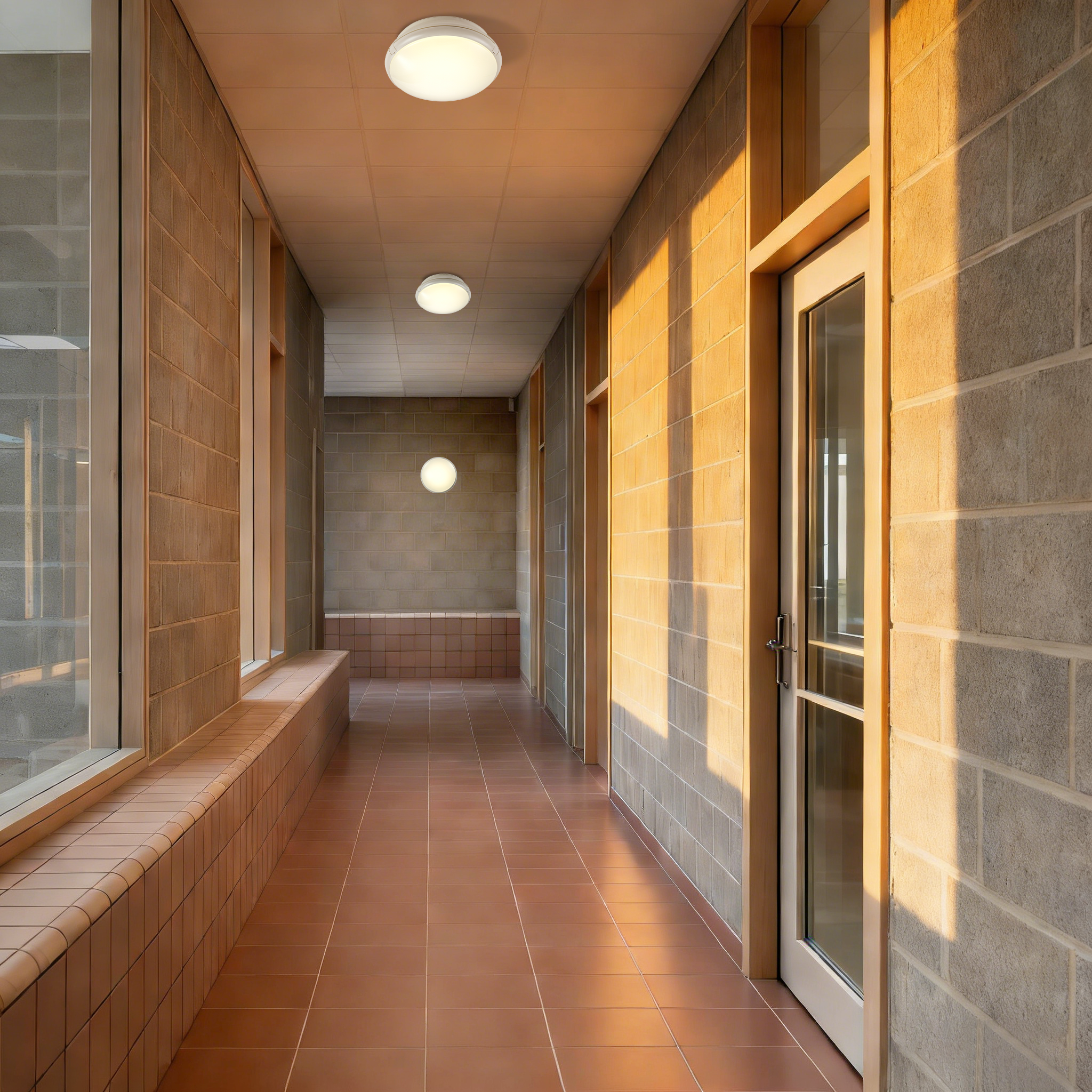 LED ceiling lights installed in corridor providing uniform and glare-controlled lighting for residential and public buildings