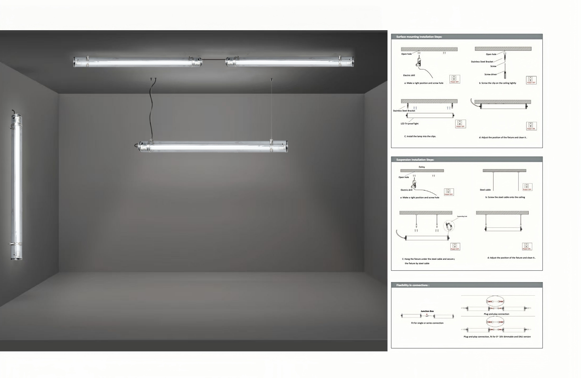 MANI Tubular Lights support suspended and surface mounted installation and linkable solution