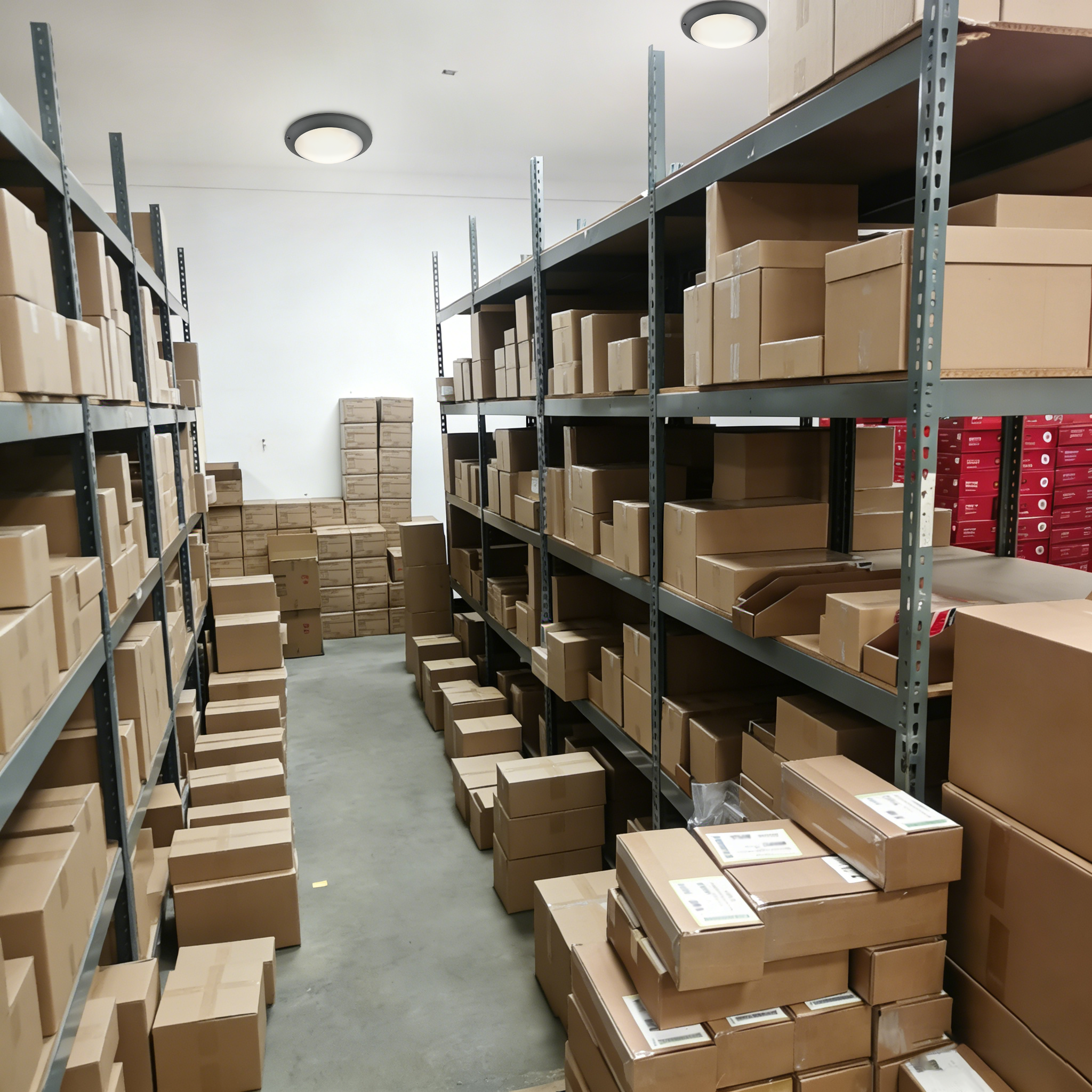 IP65 LED ceiling bulkhead light used in warehouse storage area for reliable commercial and industrial lighting