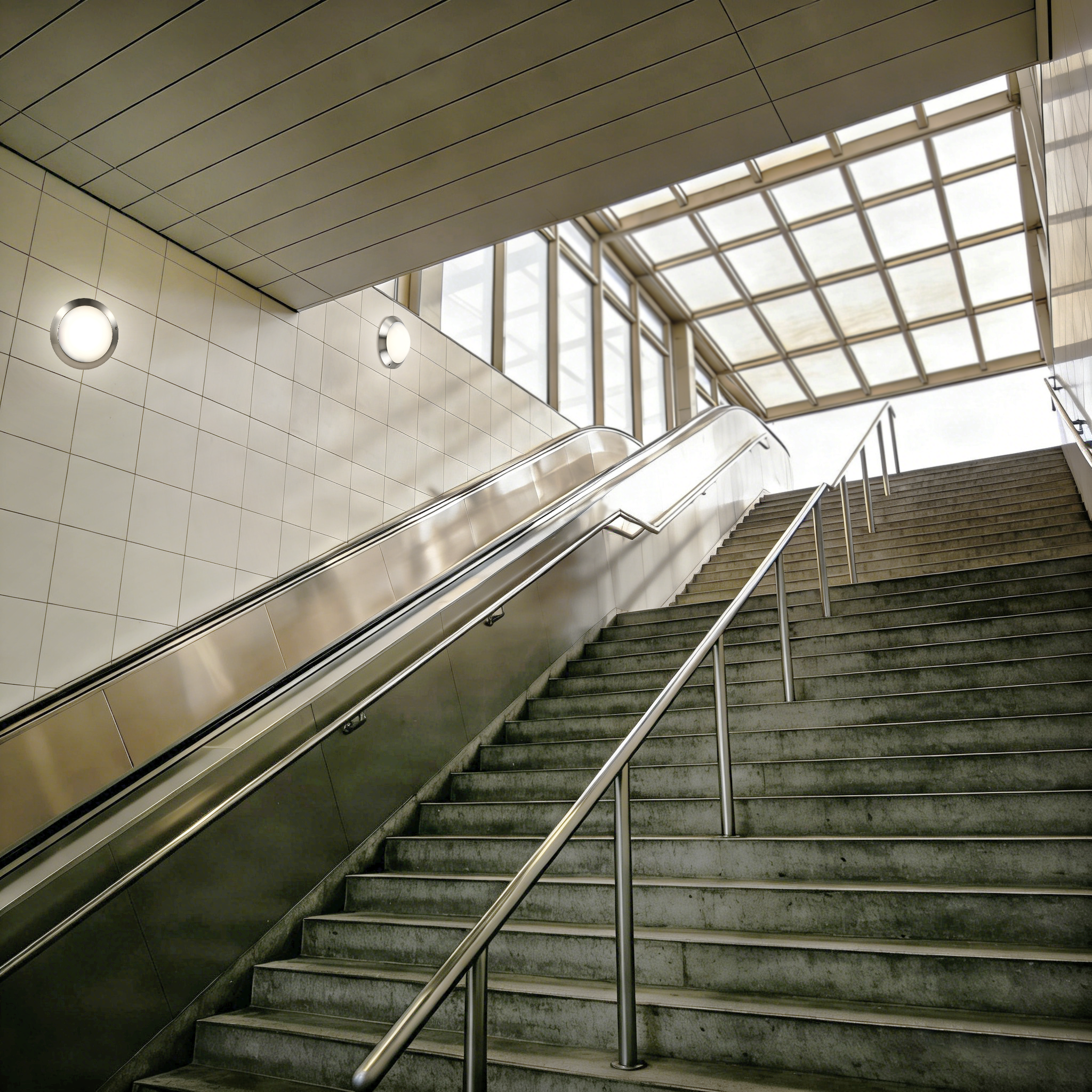 IP65 LED bulkhead light used in metro station staircase ensuring reliable lighting in high-traffic public areas