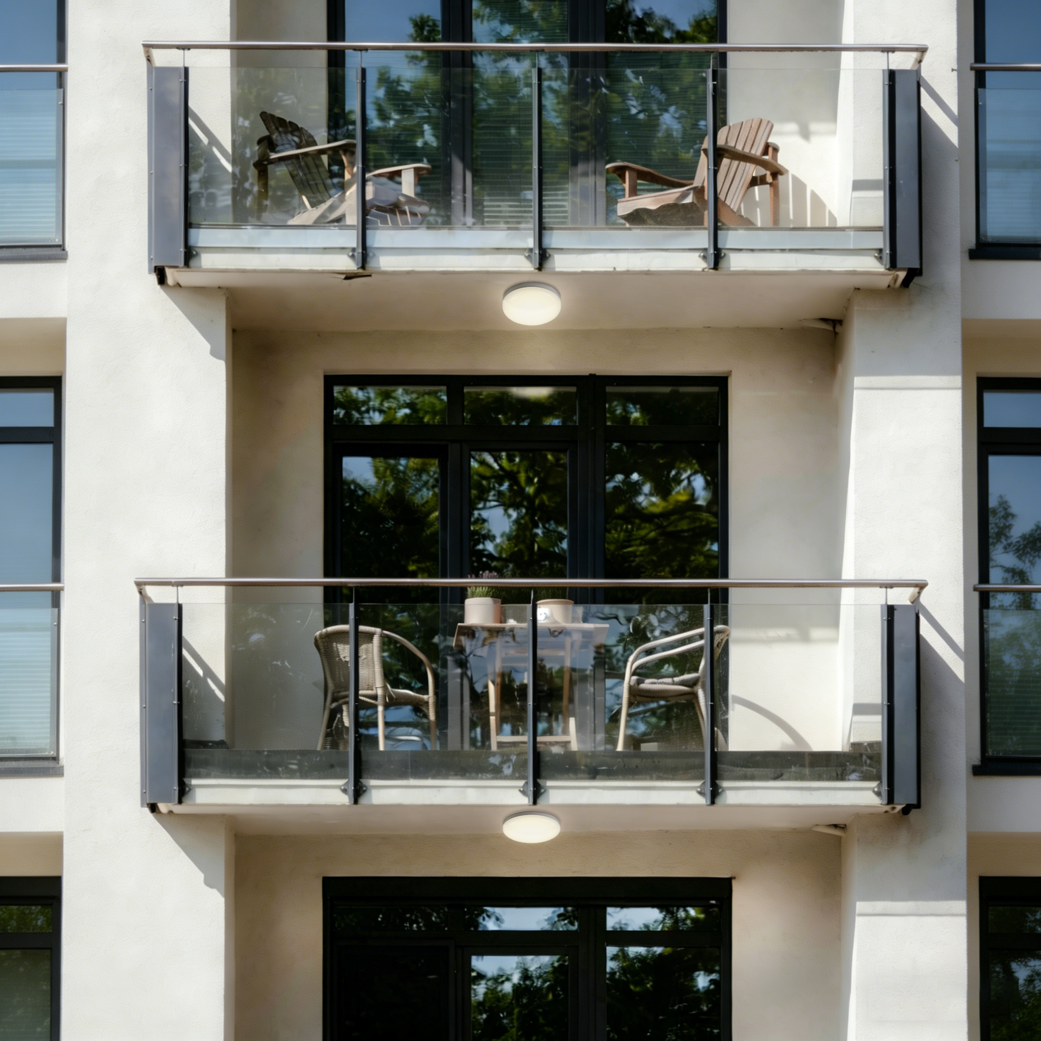 LED ceiling light installed on residential apartment balcony providing reliable outdoor lighting