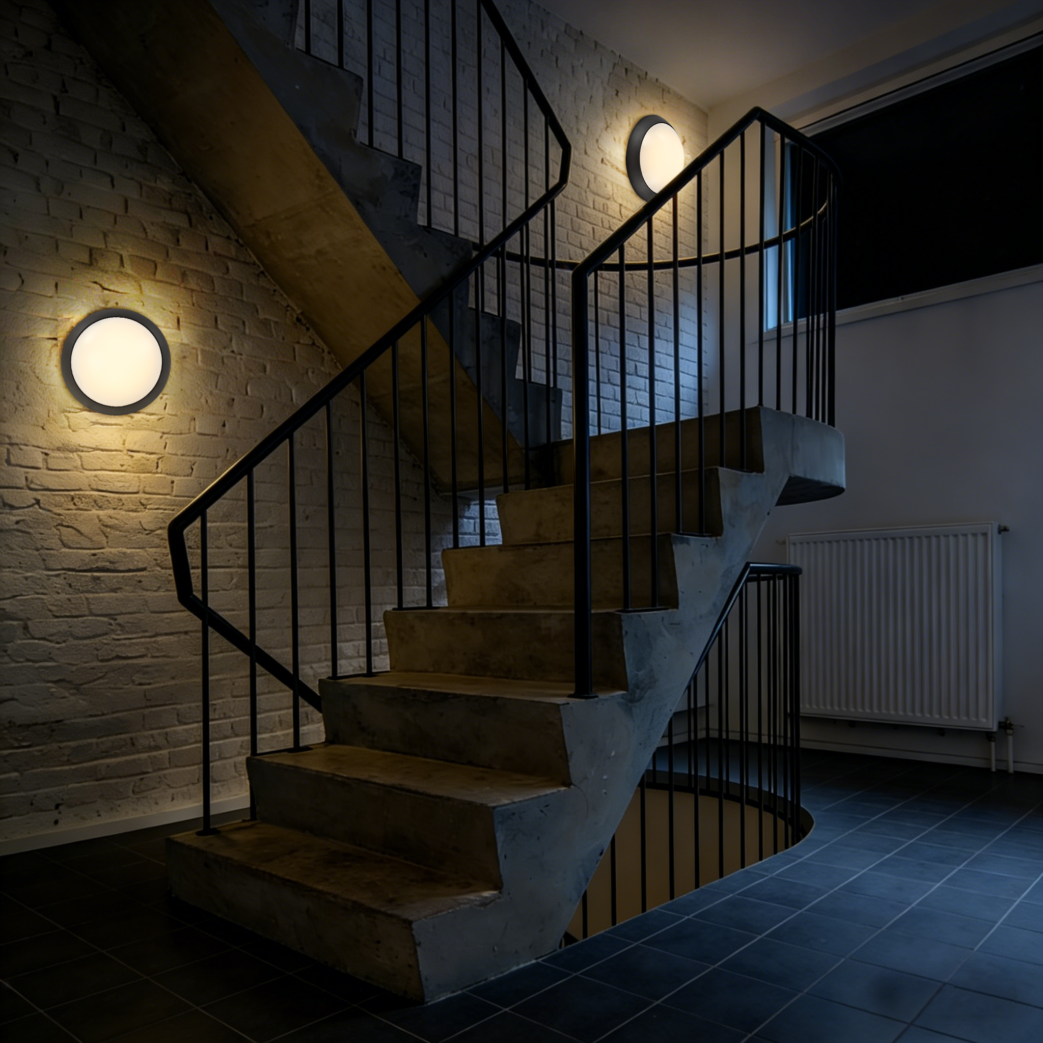 LED ceiling bulkhead lights installed in residential stairwell providing safe and reliable lighting during nighttime