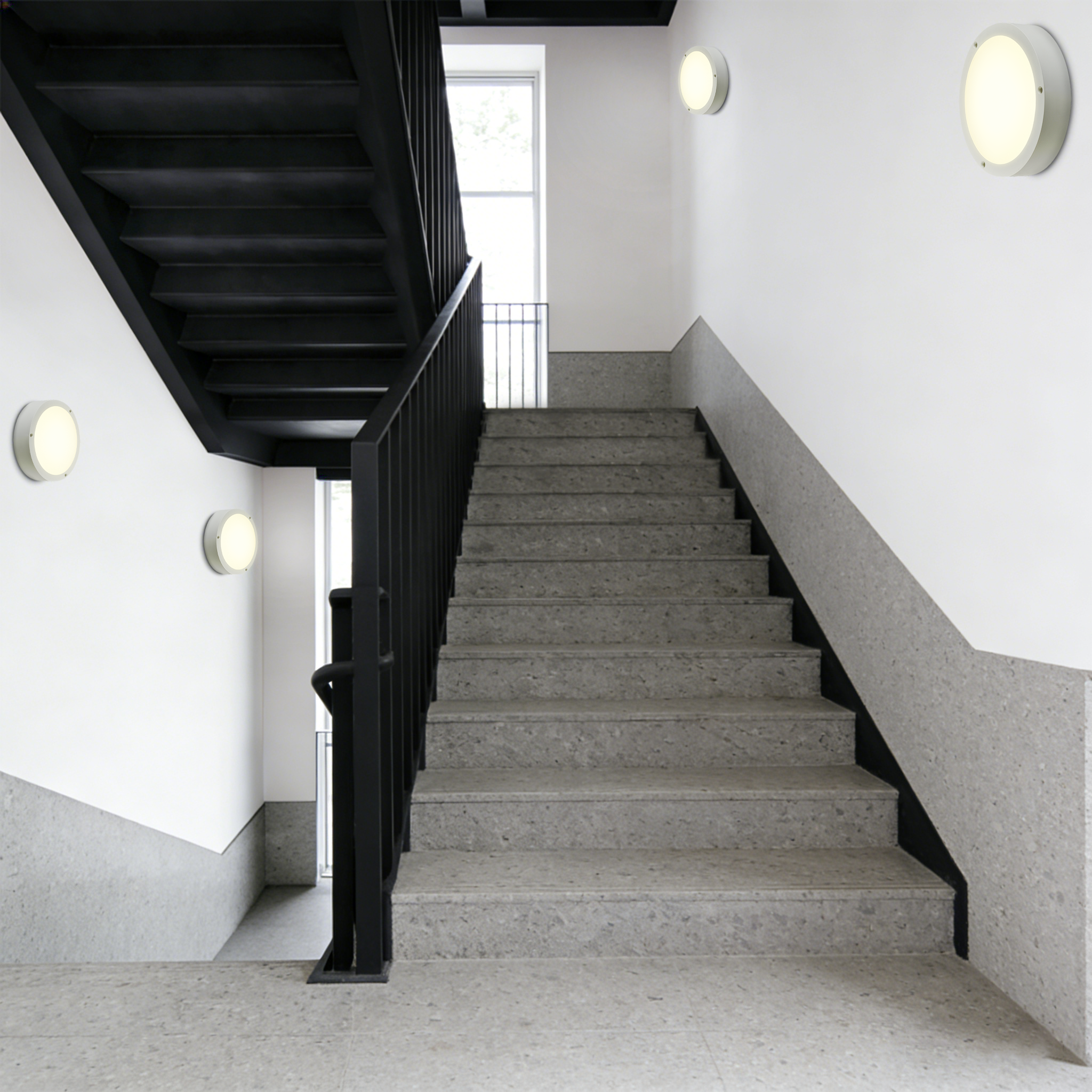 LED wall-mounted ceiling lights installed in residential stairwell providing safe indoor staircase lighting