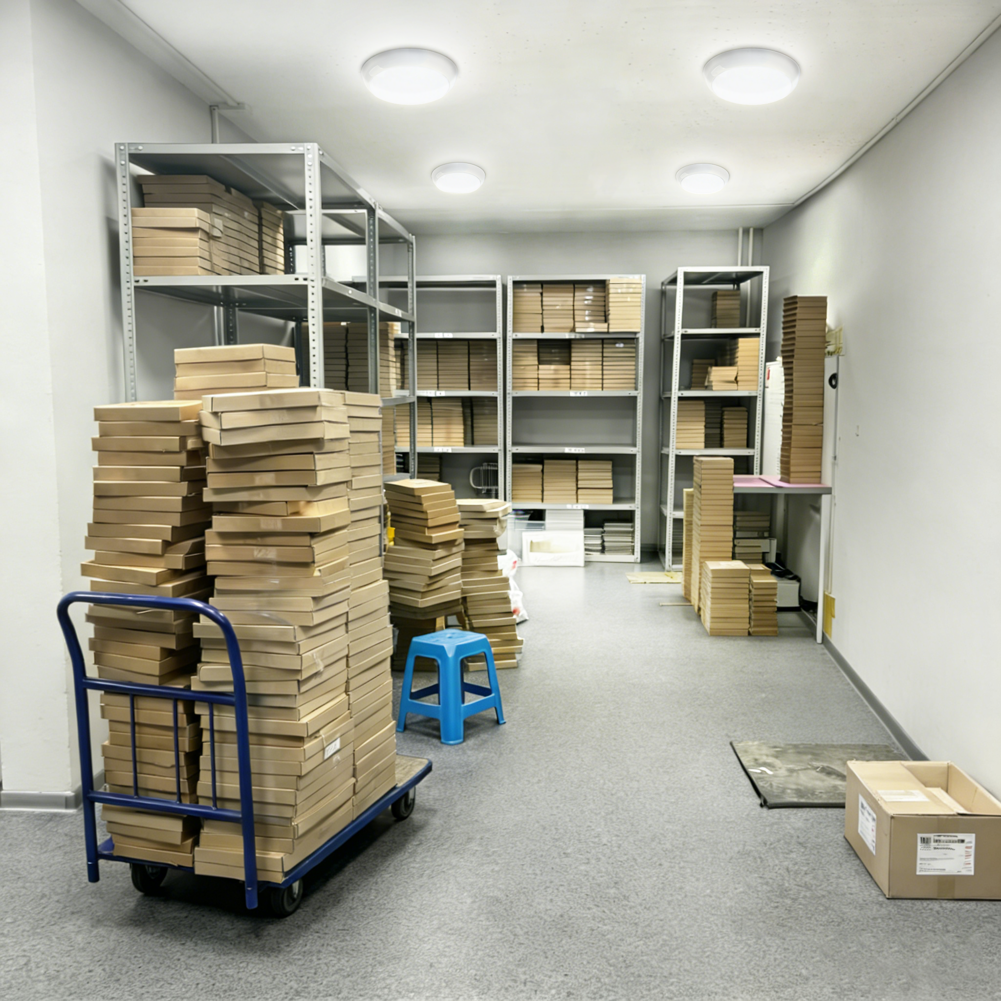 LED ceiling lights installed in storage room providing reliable lighting for inventory and packaging operations