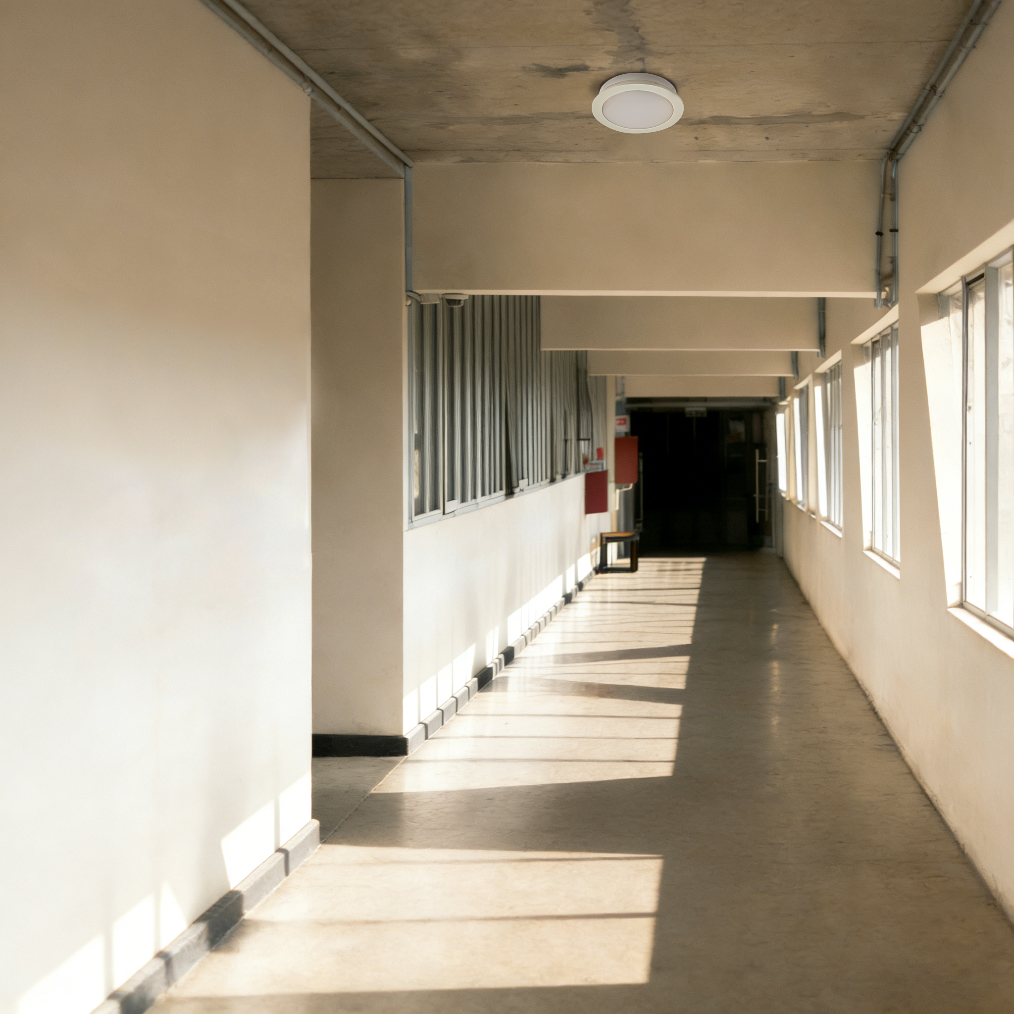 LED ceiling light installed in long building corridor providing reliable lighting for daily circulation areas