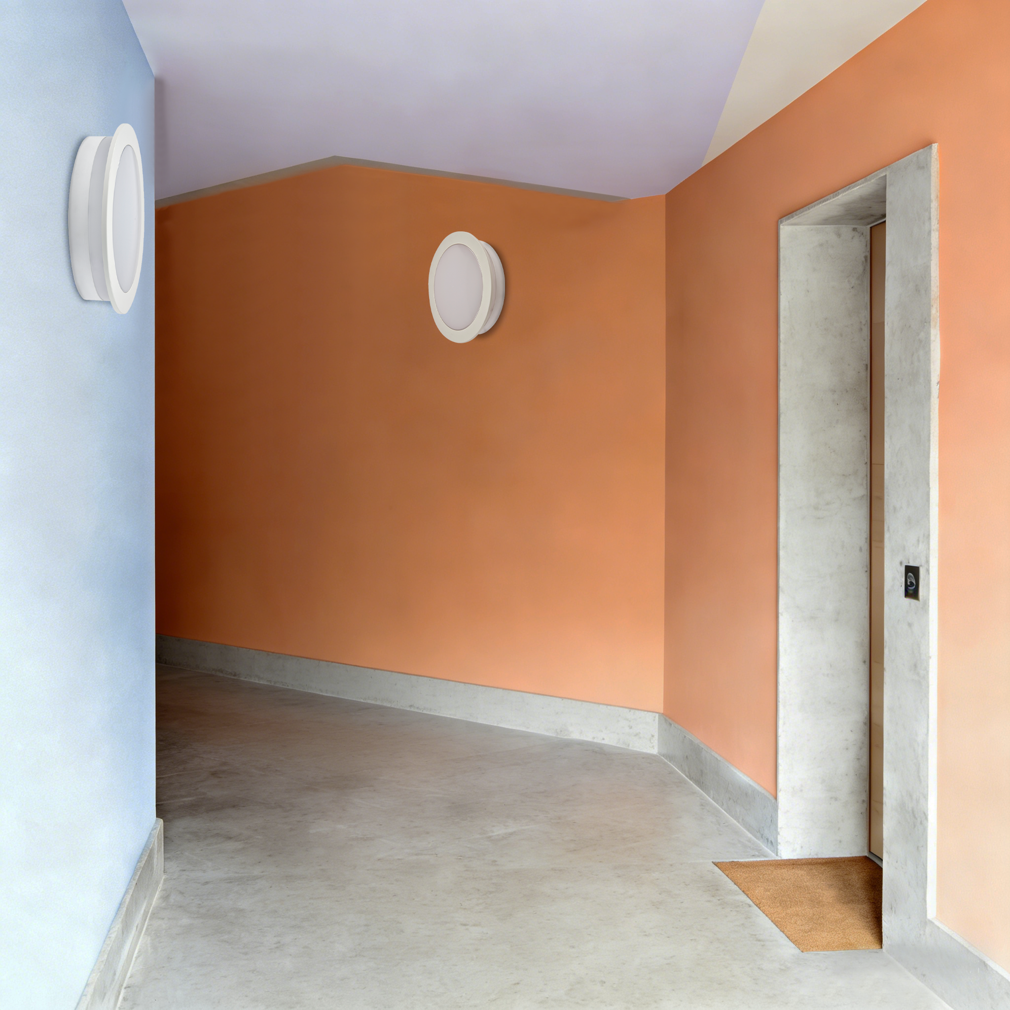 LED wall-mounted ceiling light installed in apartment corridor near elevator providing safe and uniform lighting