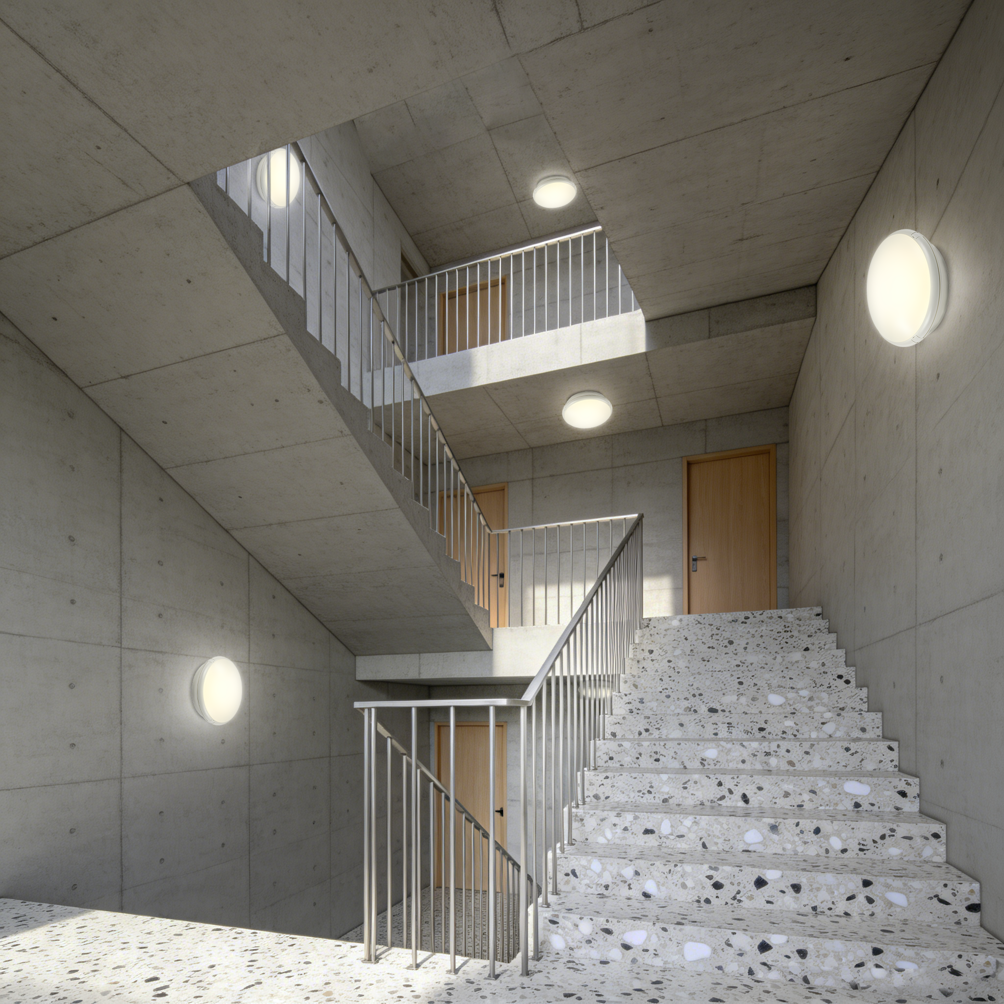 IP65 LED ceiling bulkhead light mounted in stairwell for residential and public building safety lighting