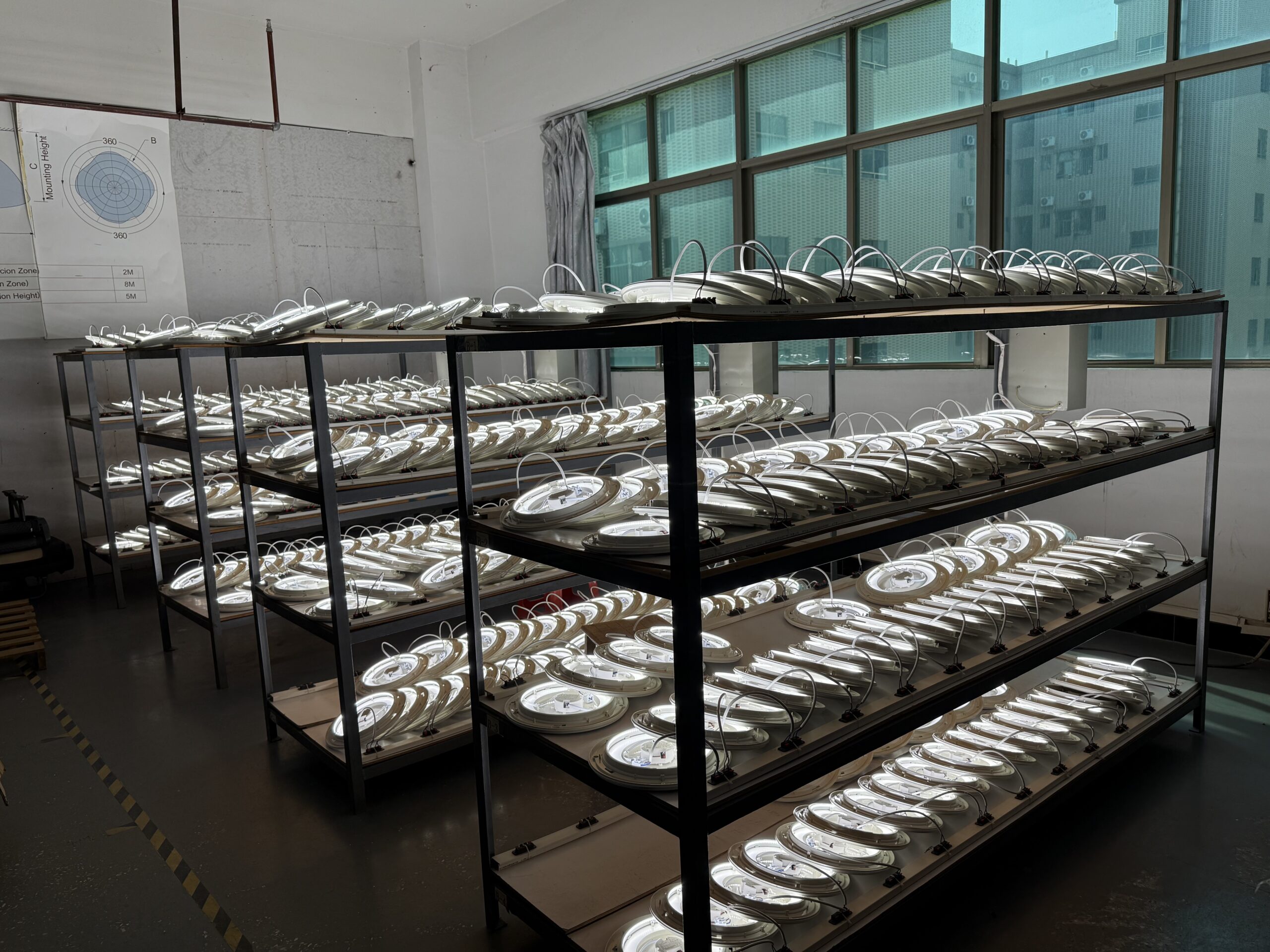 LED ceiling lights undergoing aging test on production line to ensure stable performance and quality control