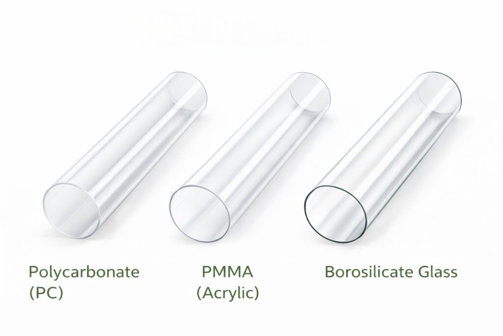 PC PMMA and borosilicate glass tubular lighting comparison