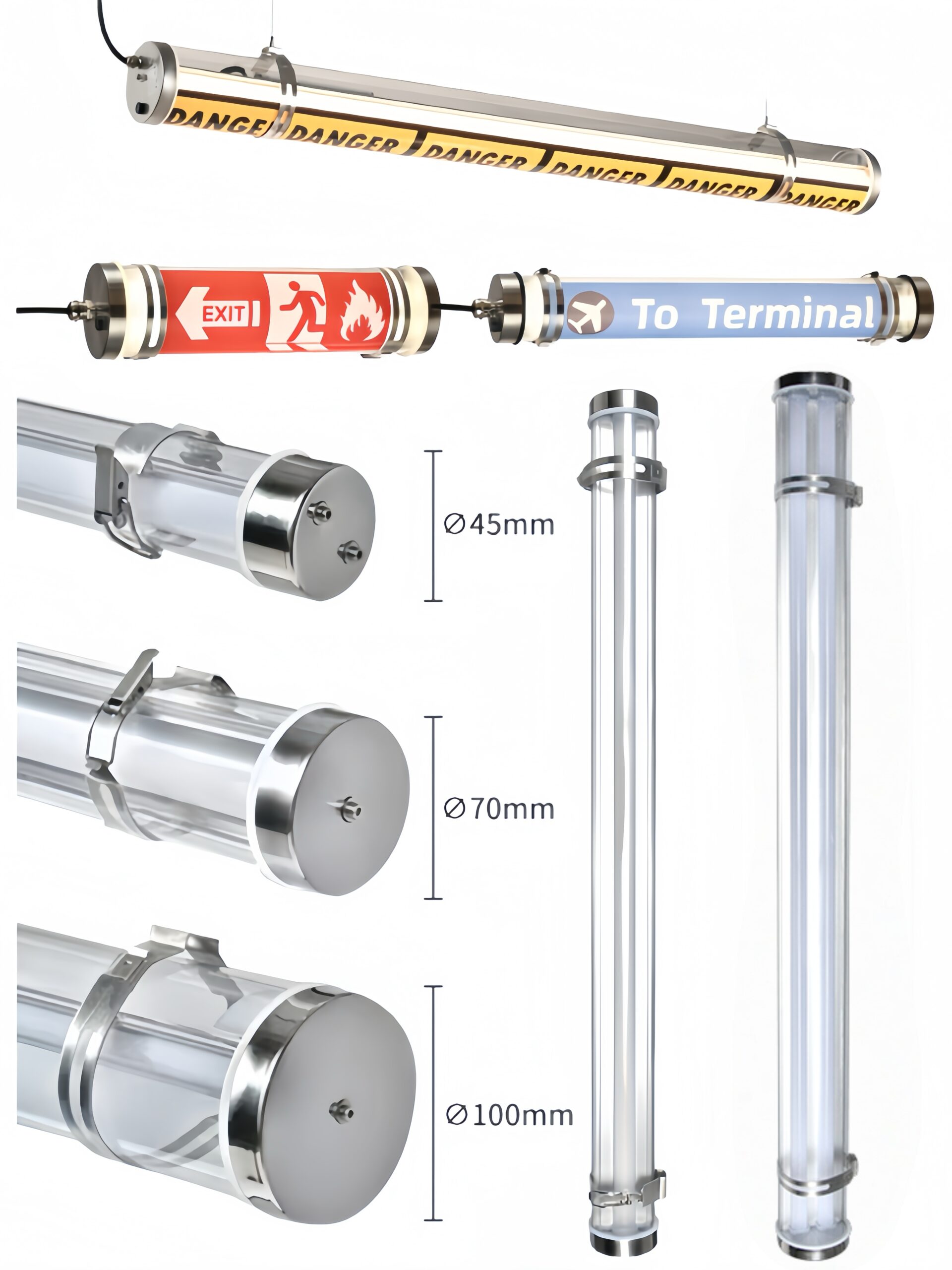 Industrial waterproof tubular lights with stainless steel end caps and PC/ borosilicate glass housing, available in 45mm, 70mm, 75mm, and 100mm diameters — IP65/IP69K waterproof design for factory, tunnel, and signage lighting applications.