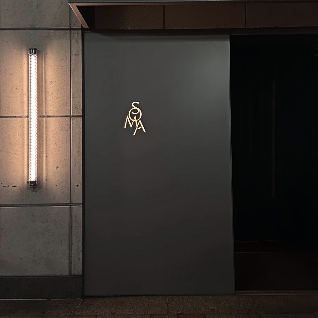 Wall-mounted tubular LED light used as an architectural lighting element for a boutique storefront and retail brand identity