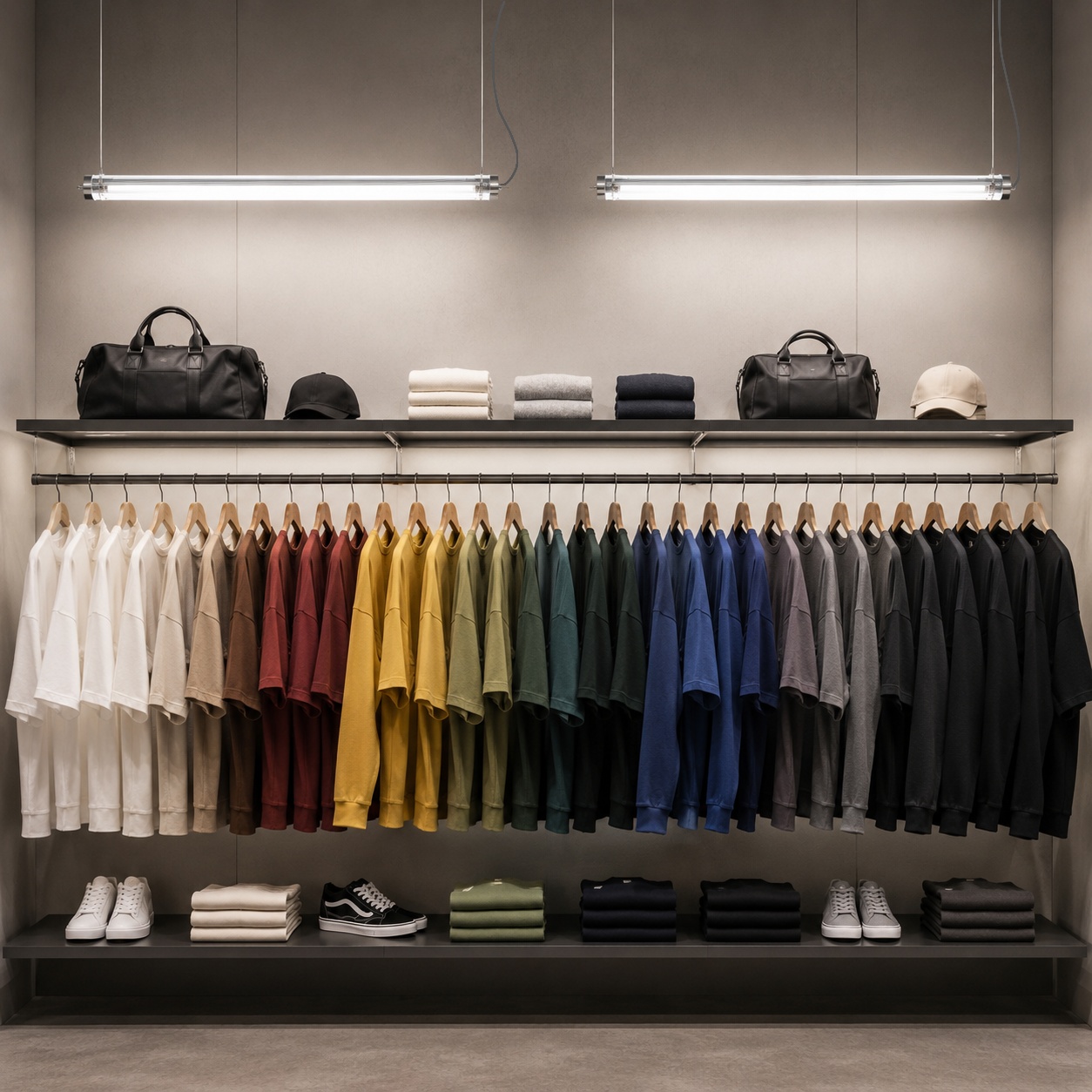 Suspended tubular LED lights with PG cable outlets illuminating a retail clothing display wall for accurate colour rendering and product visibility