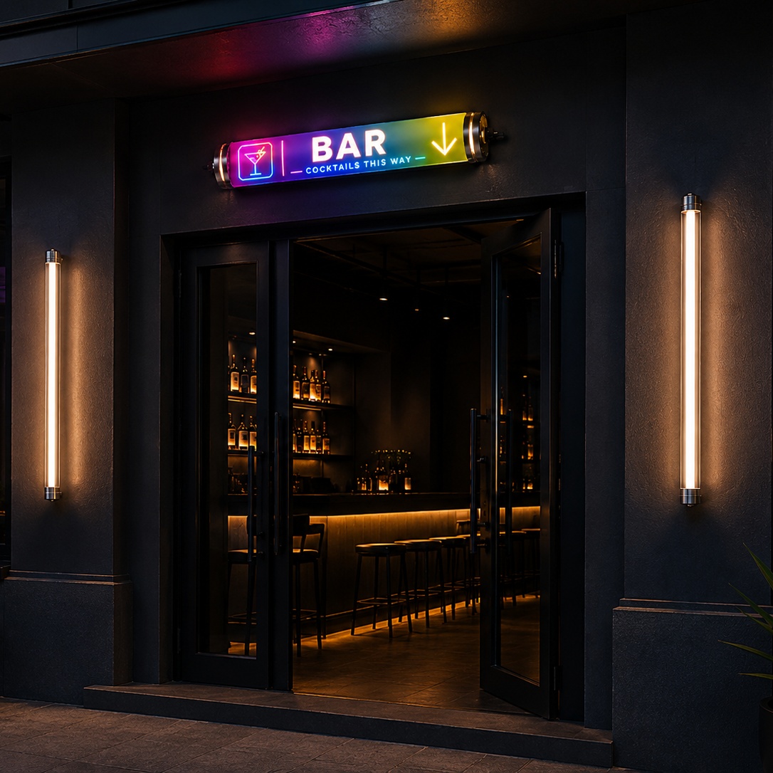 Custom tubular LED bar sign with downward arrow and wall-mounted tubular lights for entrance attraction and customer guidance
