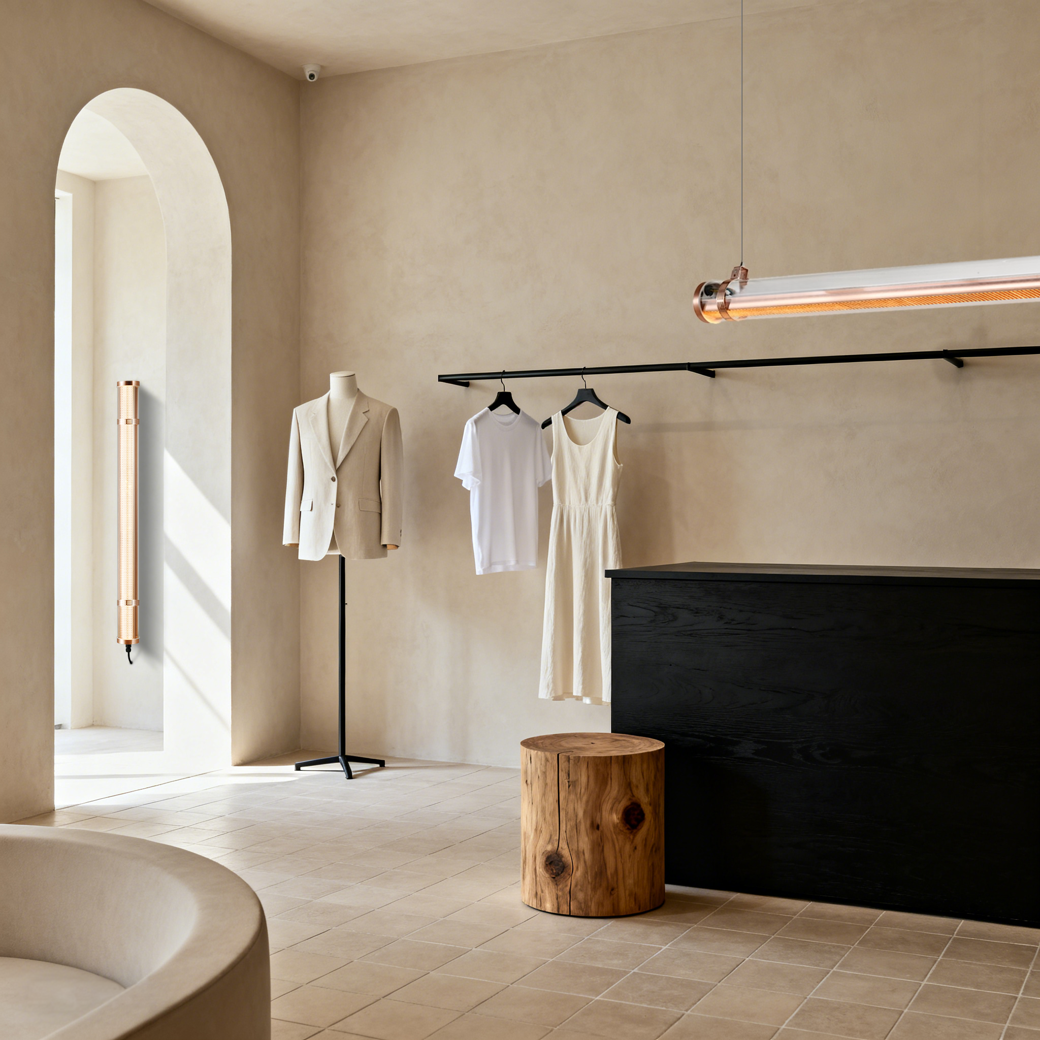 Decorative tubular LED lights installed on the wall and ceiling of a boutique retail interior to create atmosphere and visual rhythm