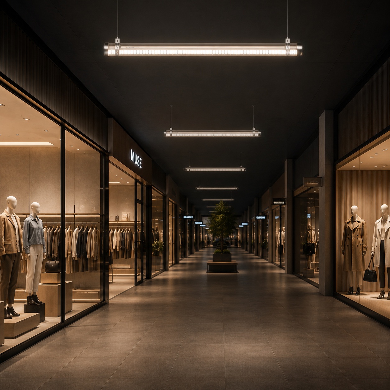Dimmable tubular LED lights installed in a shopping mall corridor to support scene control, energy saving and customer guidance