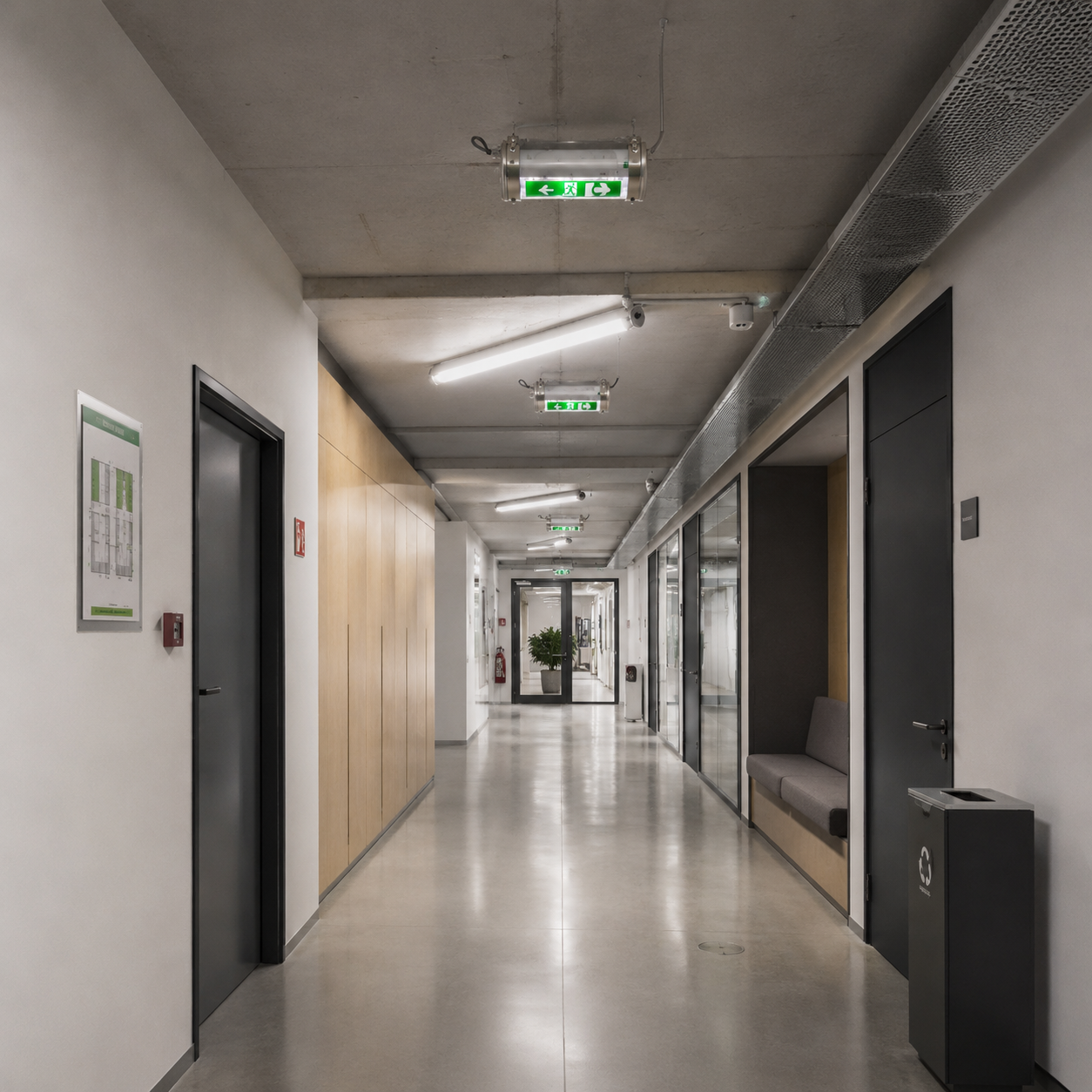 Tubular LED wayfinding and emergency lighting installed in a modern corridor to support safe circulation and clear guidance