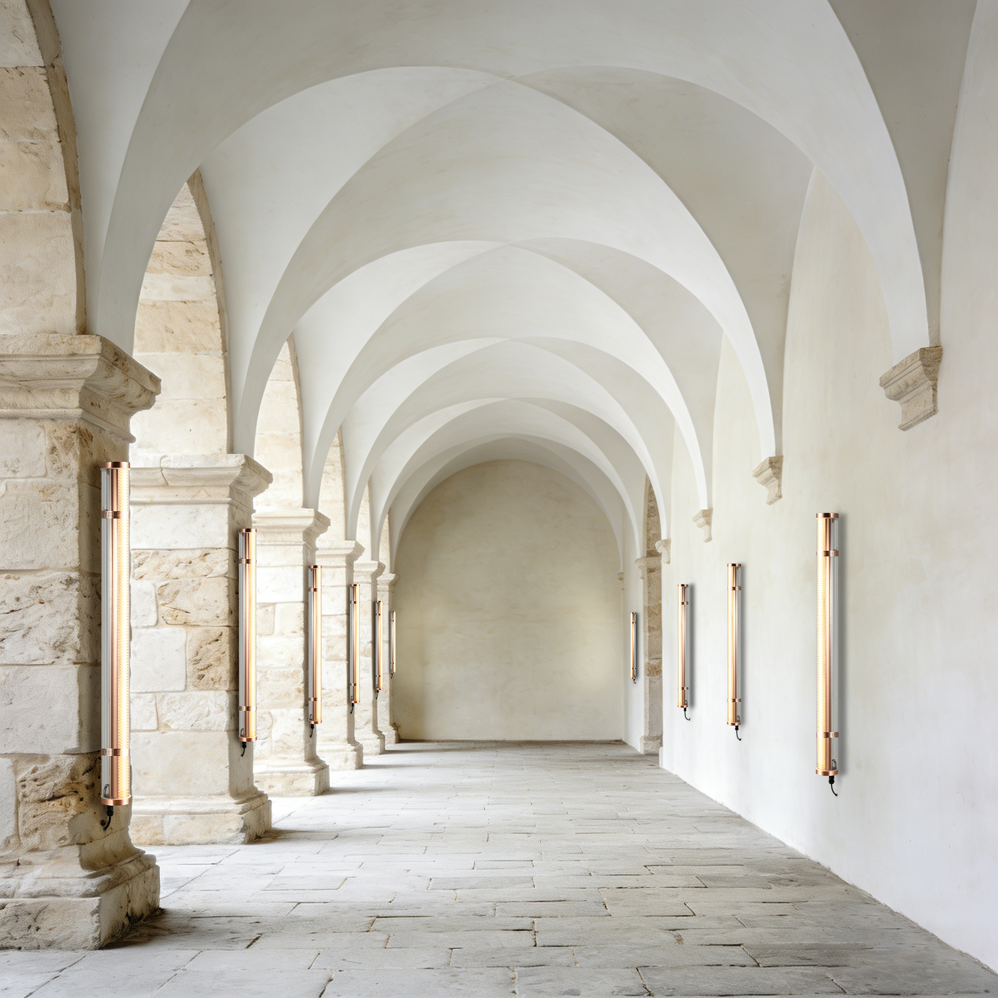 wall-mounted tubular lights creating soft outdoor ambience and route guidance.