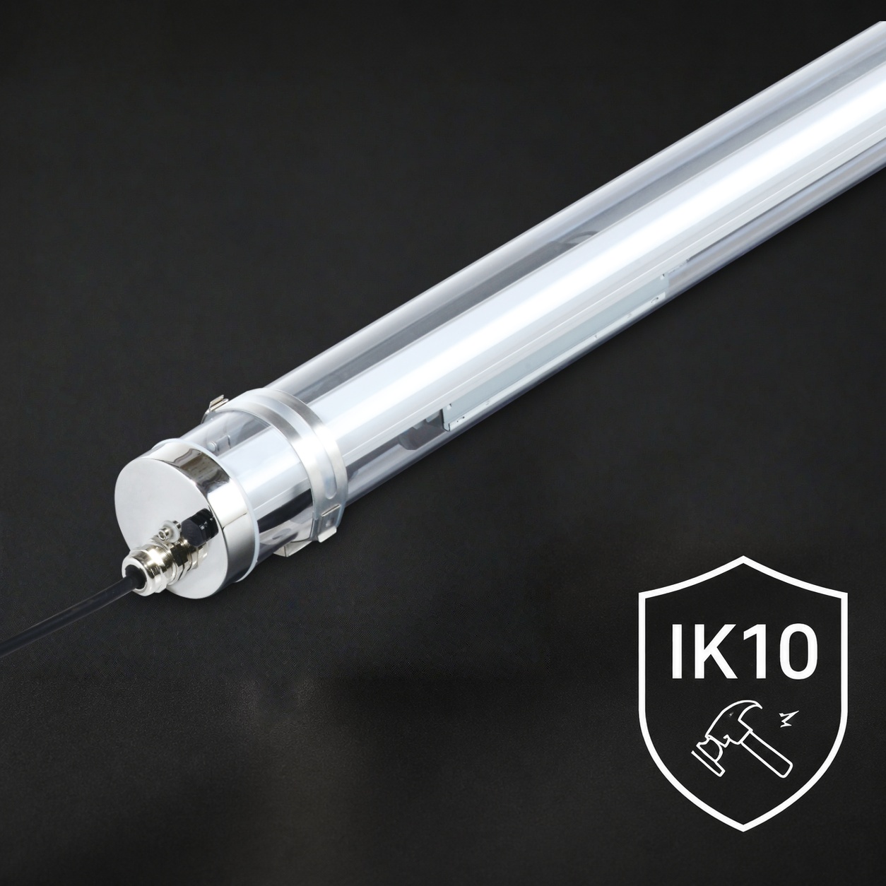 Close-up of MANI poultry tubular LED light with IK10 impact resistant housing for demanding farm environments