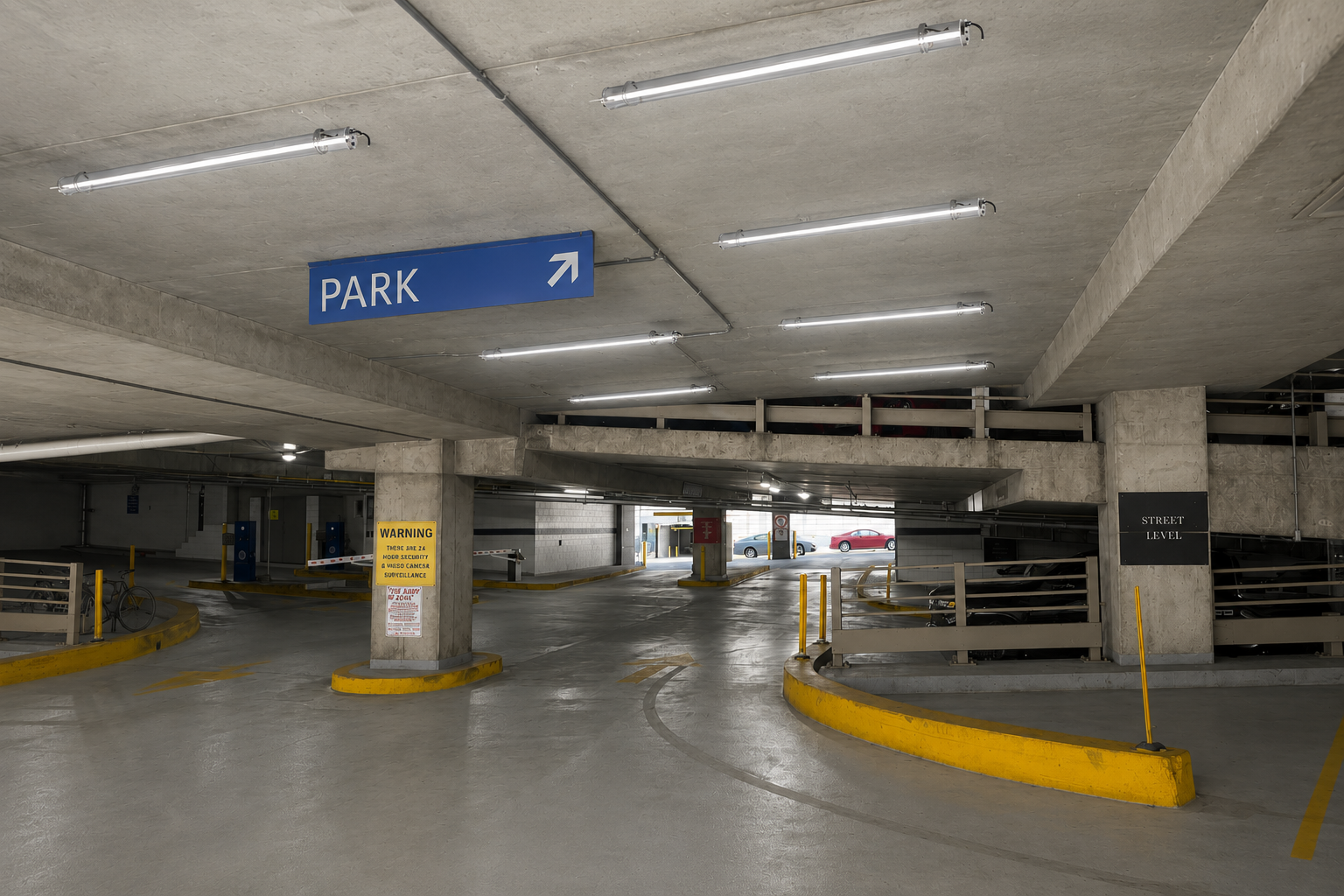 LED tri-proof tubular lights installed on a concrete parking garage ceiling