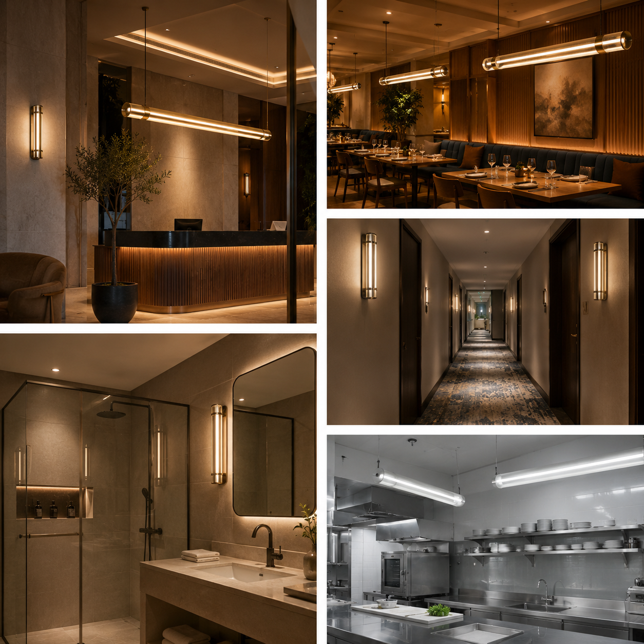 MANI tubular LED lighting used across hotel lobby, restaurant, corridor, bathroom and kitchen areas with different lighting configurations