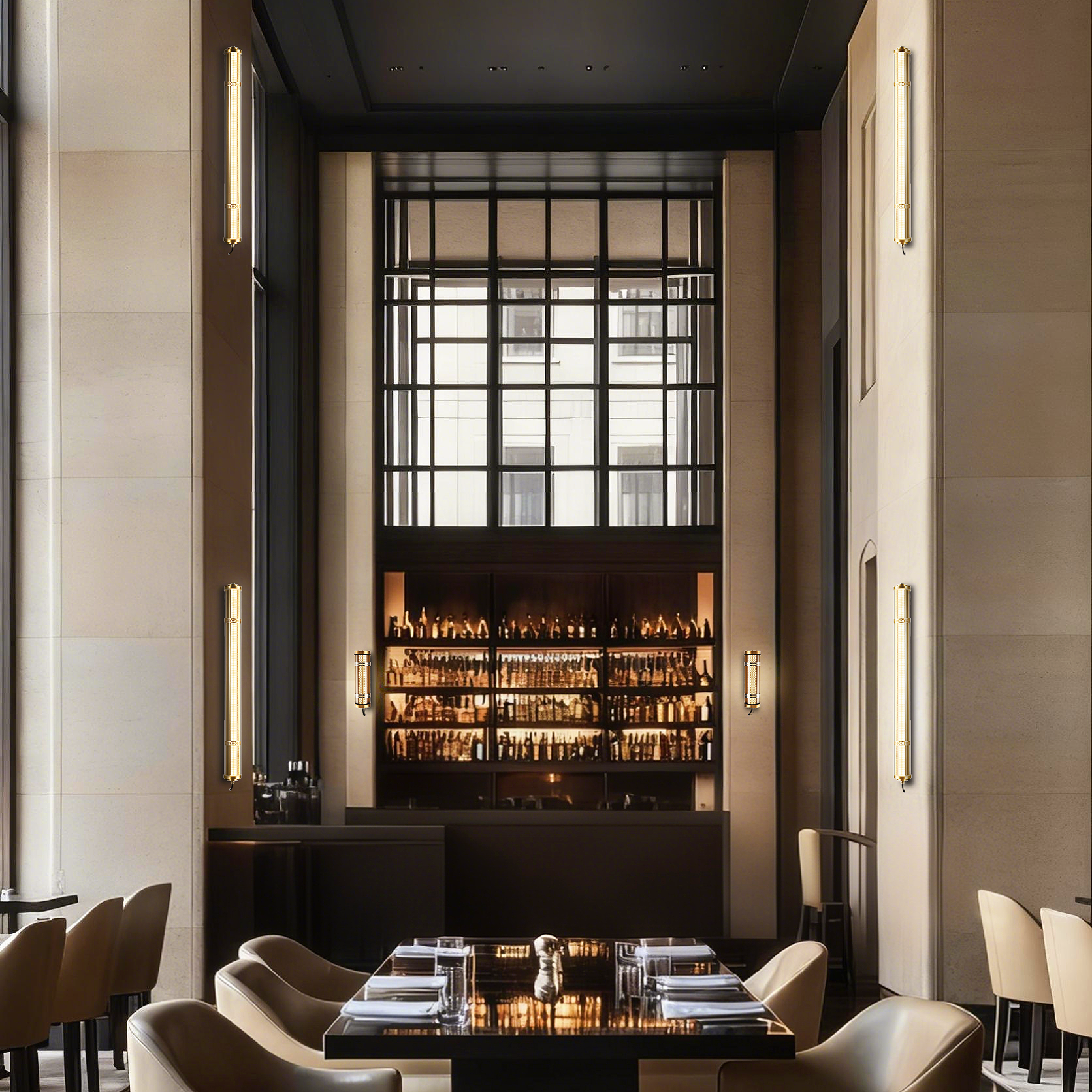 MANI tubular pendant lighting installed above a hotel bar counter with warm decorative ambience