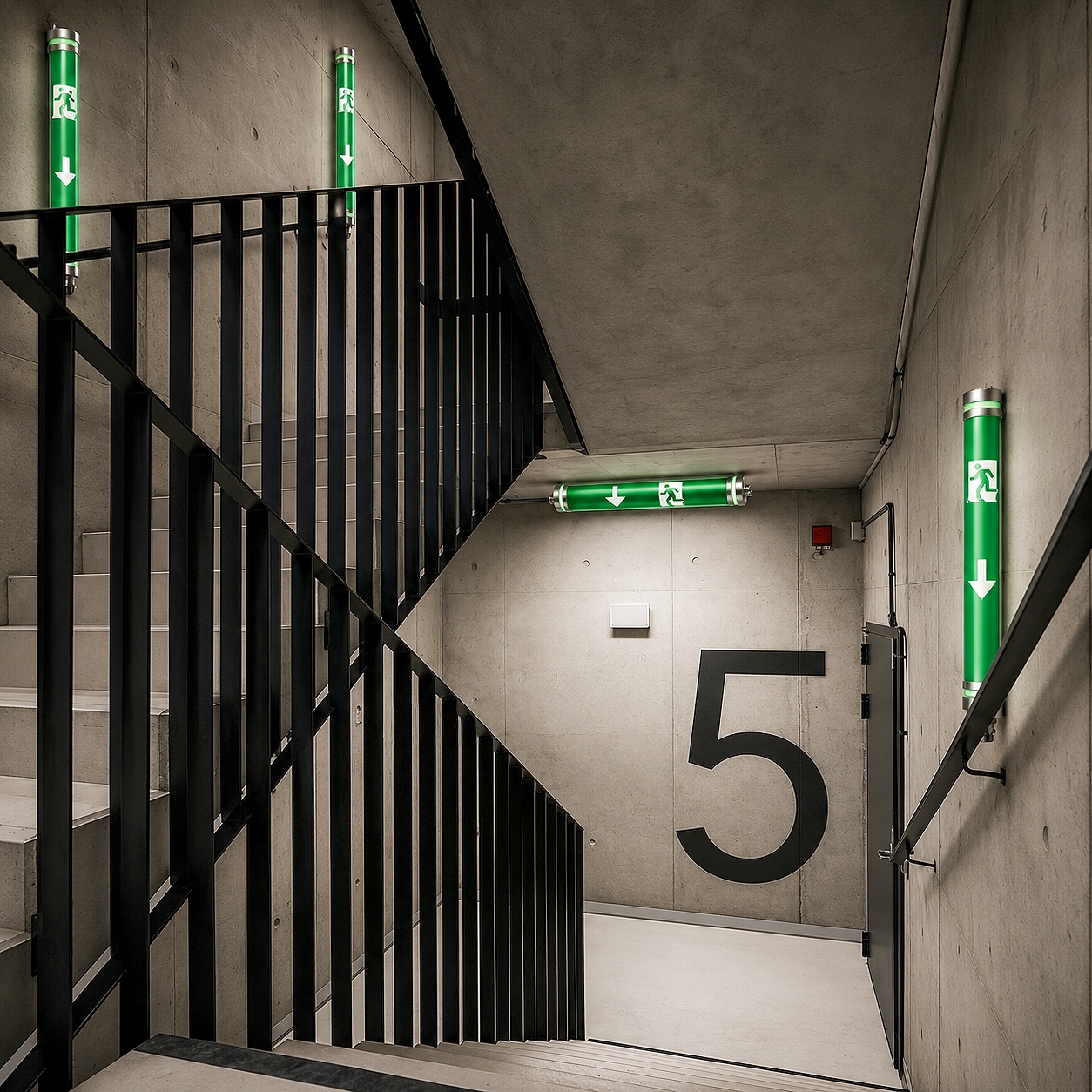 MANI green emergency tubular LED lights installed in a hotel stairwell for safe evacuation lighting